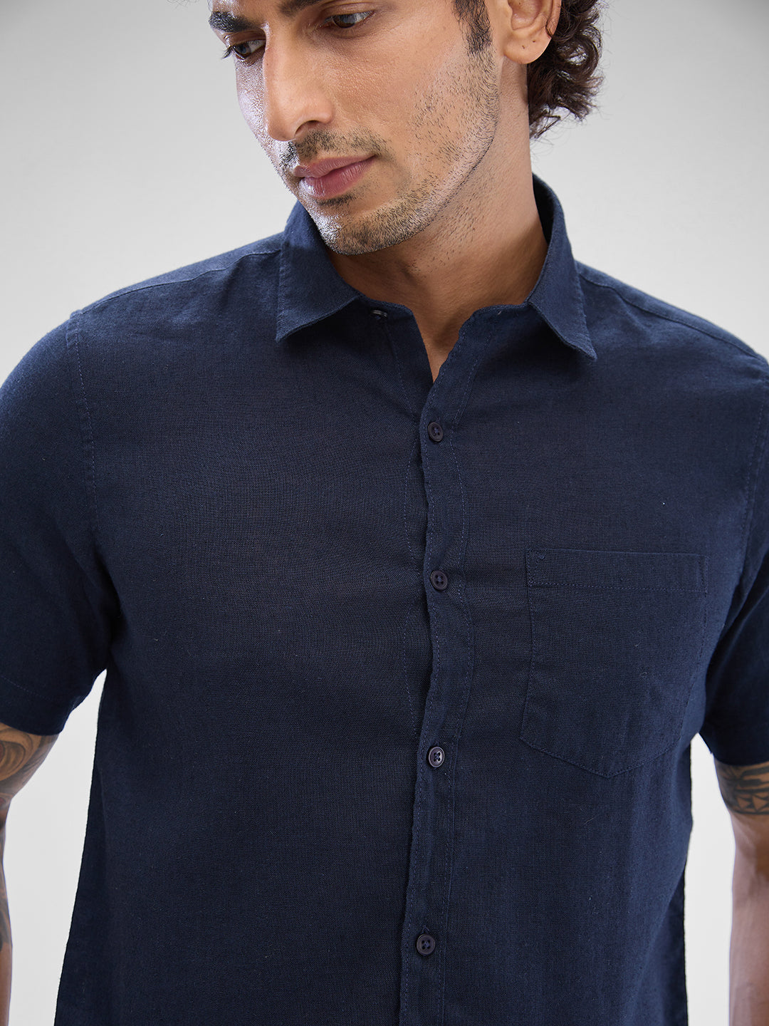 Spykar Navy Blue Linen Half Sleeve Shirt For Men