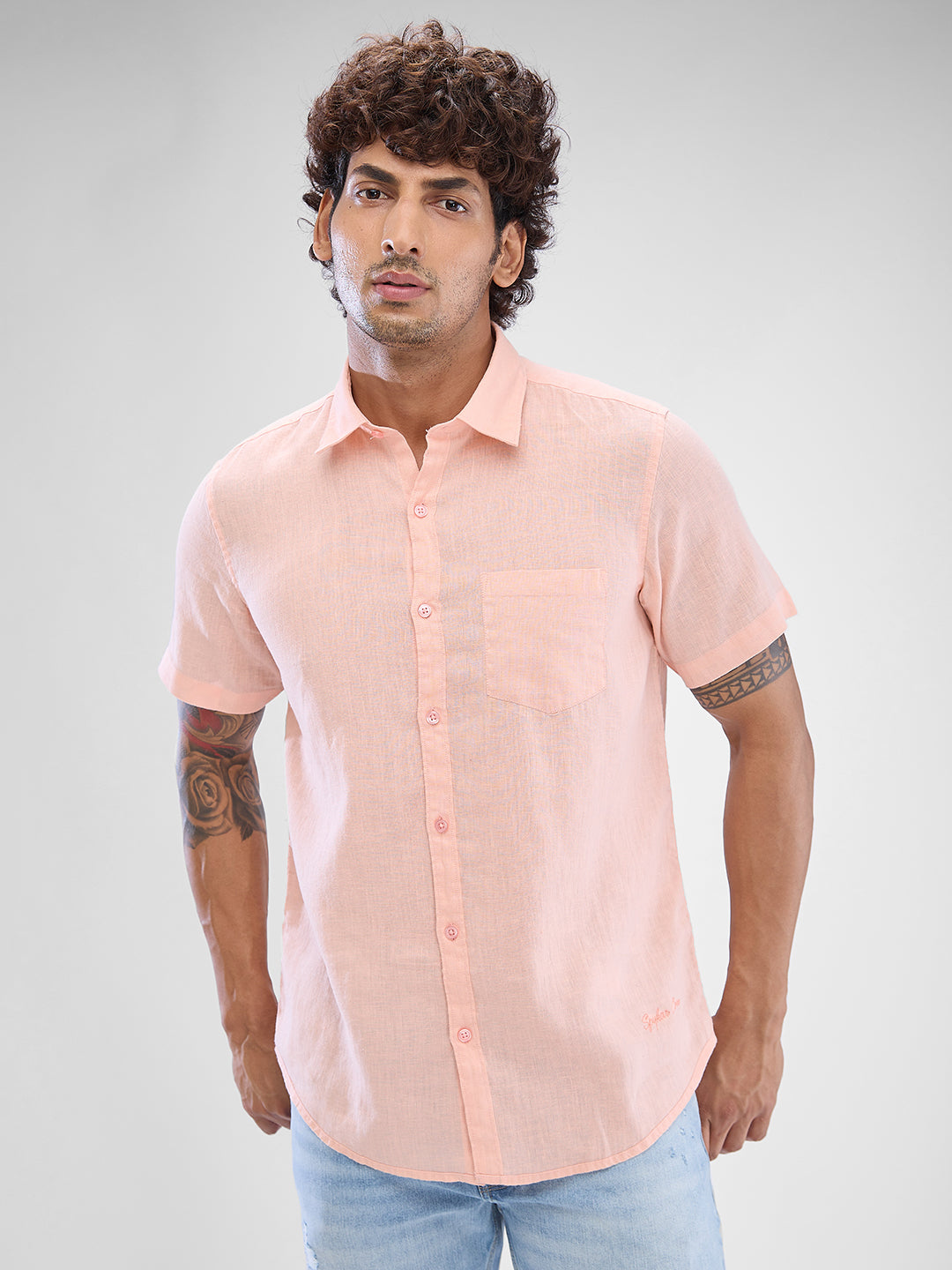 Spykar Rose Cloud Pink Linen Half Sleeve Raised Collar Shirt For Men