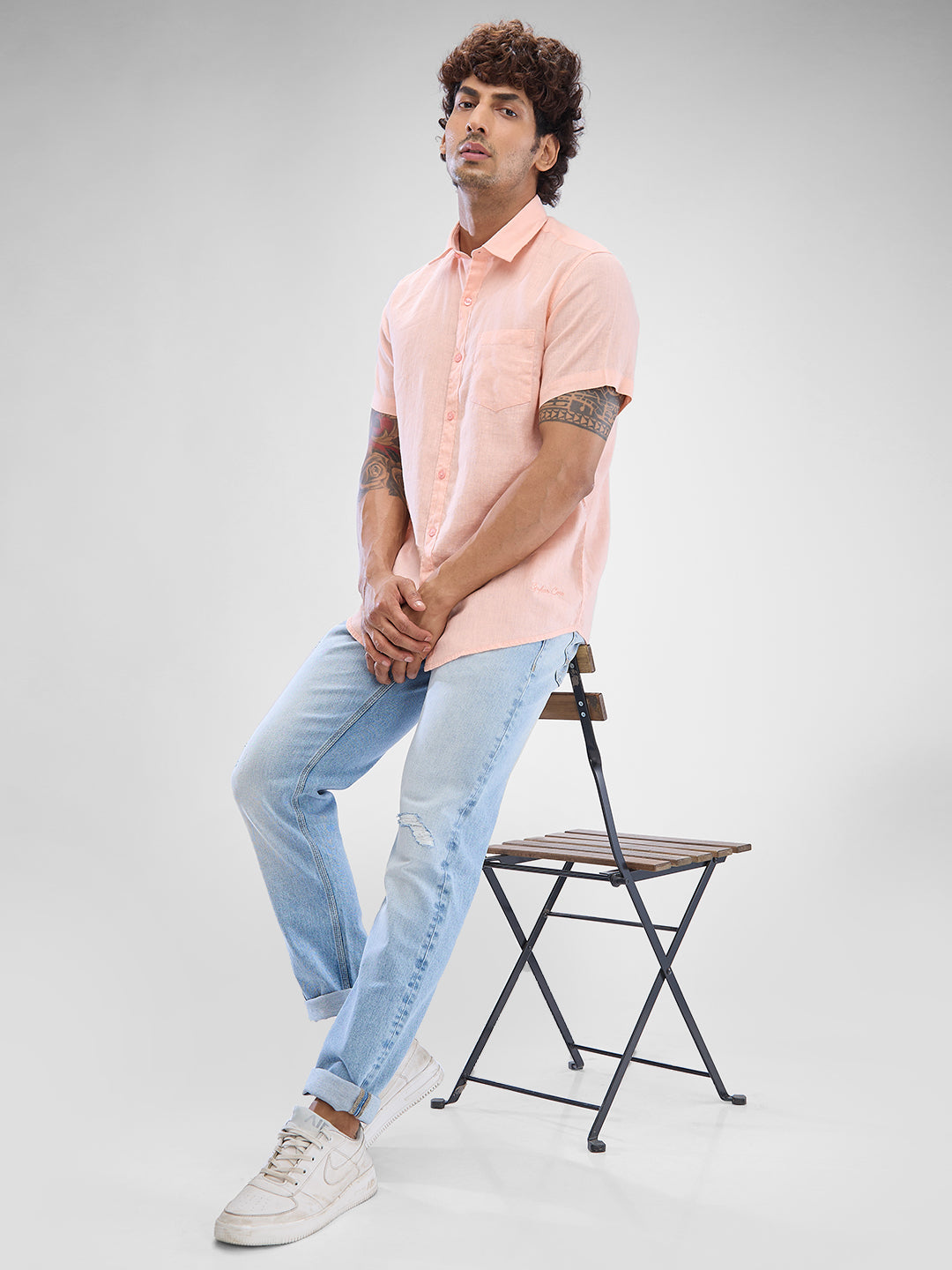 Spykar Rose Cloud Pink Linen Half Sleeve Raised Collar Shirt For Men