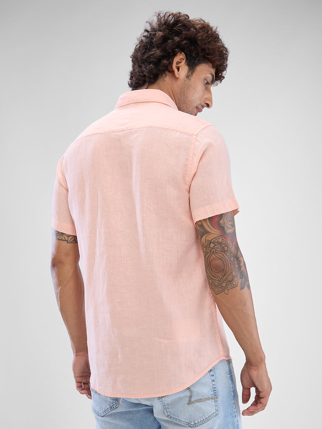 Spykar Rose Cloud Pink Linen Half Sleeve Raised Collar Shirt For Men