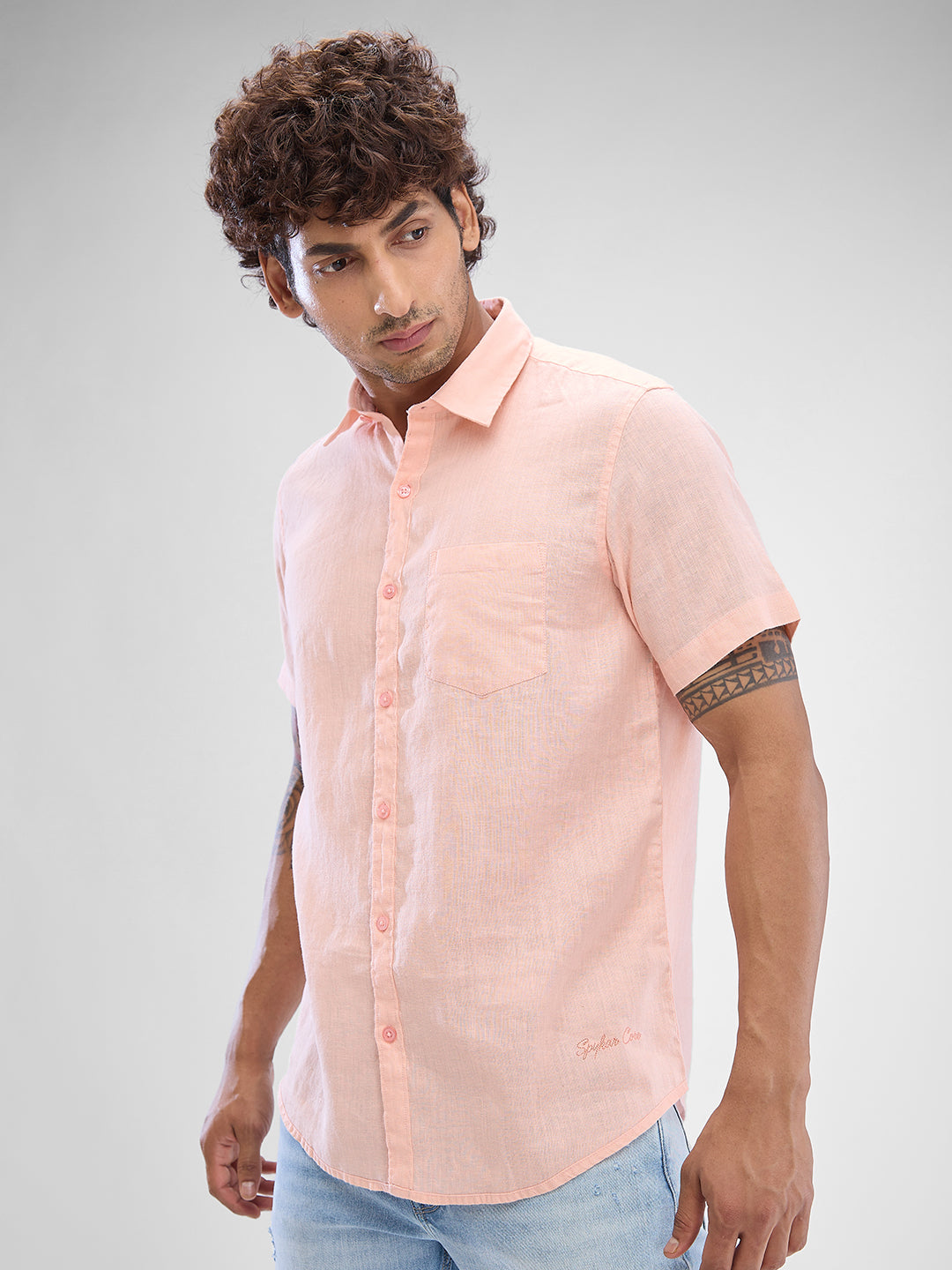 Spykar Rose Cloud Pink Linen Half Sleeve Raised Collar Shirt For Men