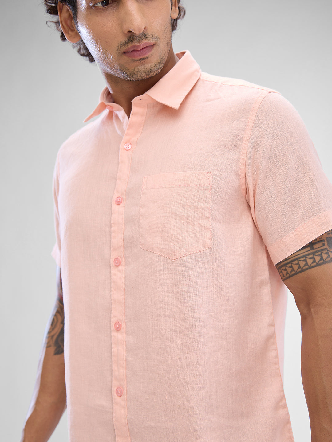 Spykar Rose Cloud Pink Linen Half Sleeve Raised Collar Shirt For Men