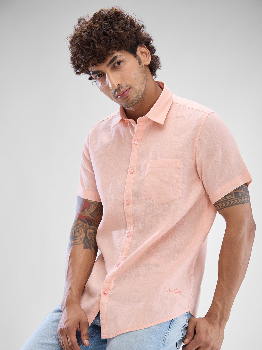 Spykar Rose Cloud Pink Linen Half Sleeve Raised Collar Shirt For Men