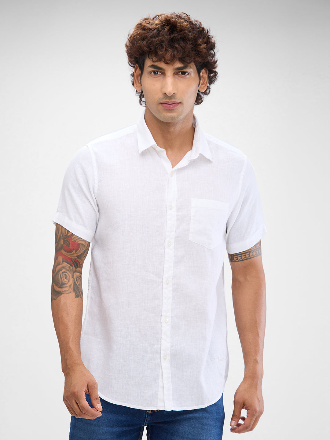 Spykar White Linen Half Sleeve Raised Collar Shirt For Men