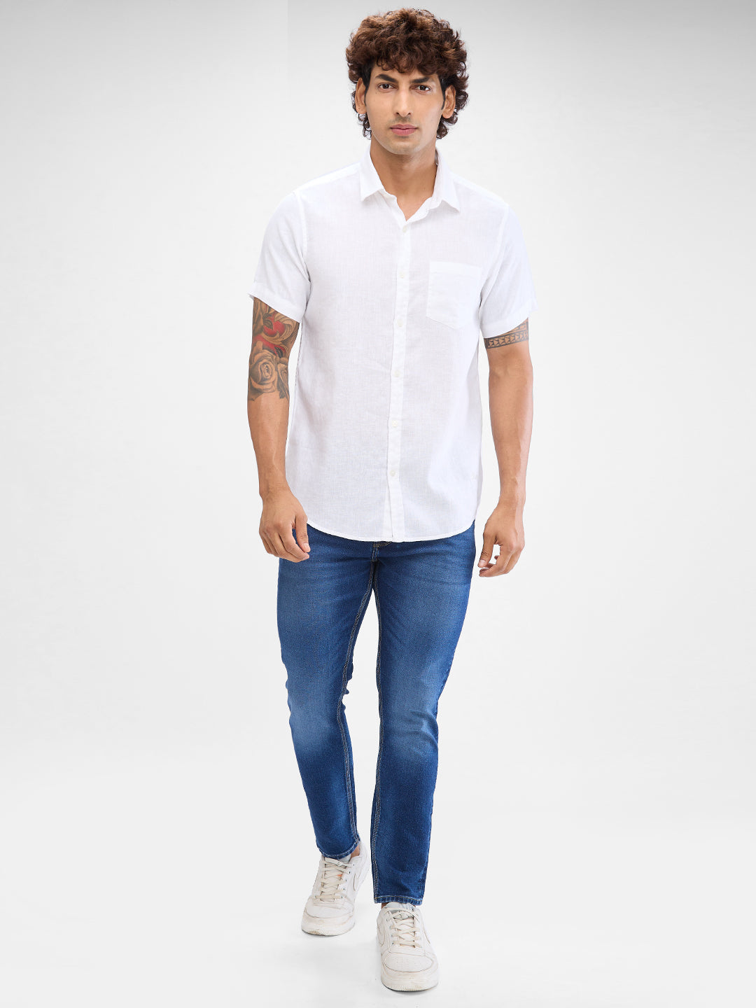 Spykar White Linen Half Sleeve Raised Collar Shirt For Men