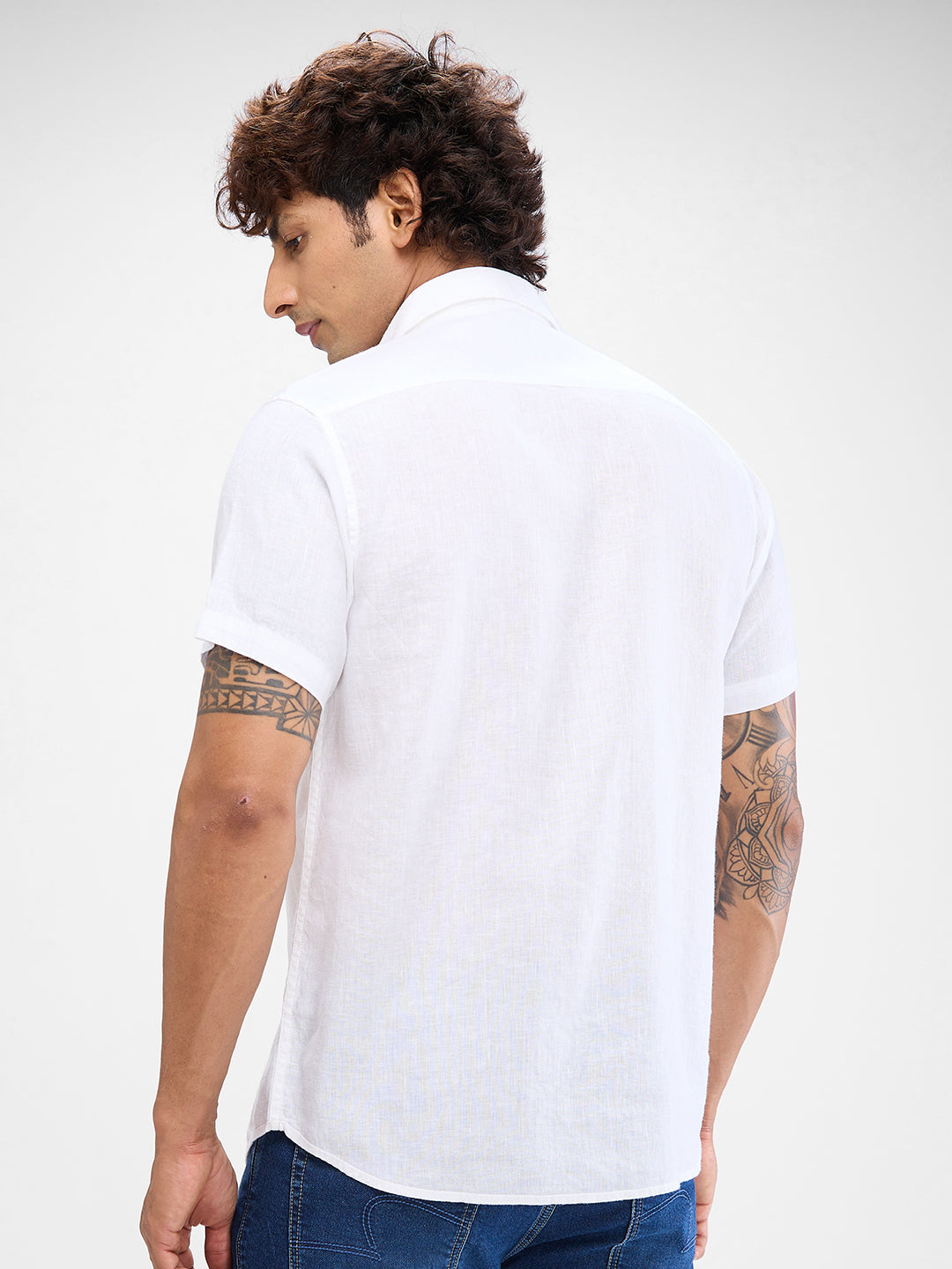 Spykar White Linen Half Sleeve Raised Collar Shirt For Men