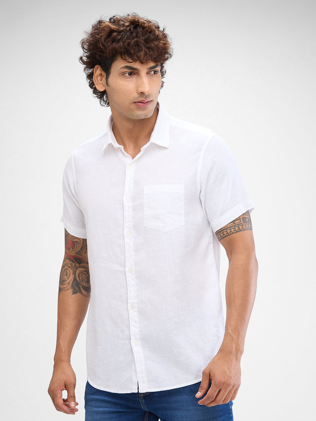 Spykar White Linen Half Sleeve Raised Collar Shirt For Men