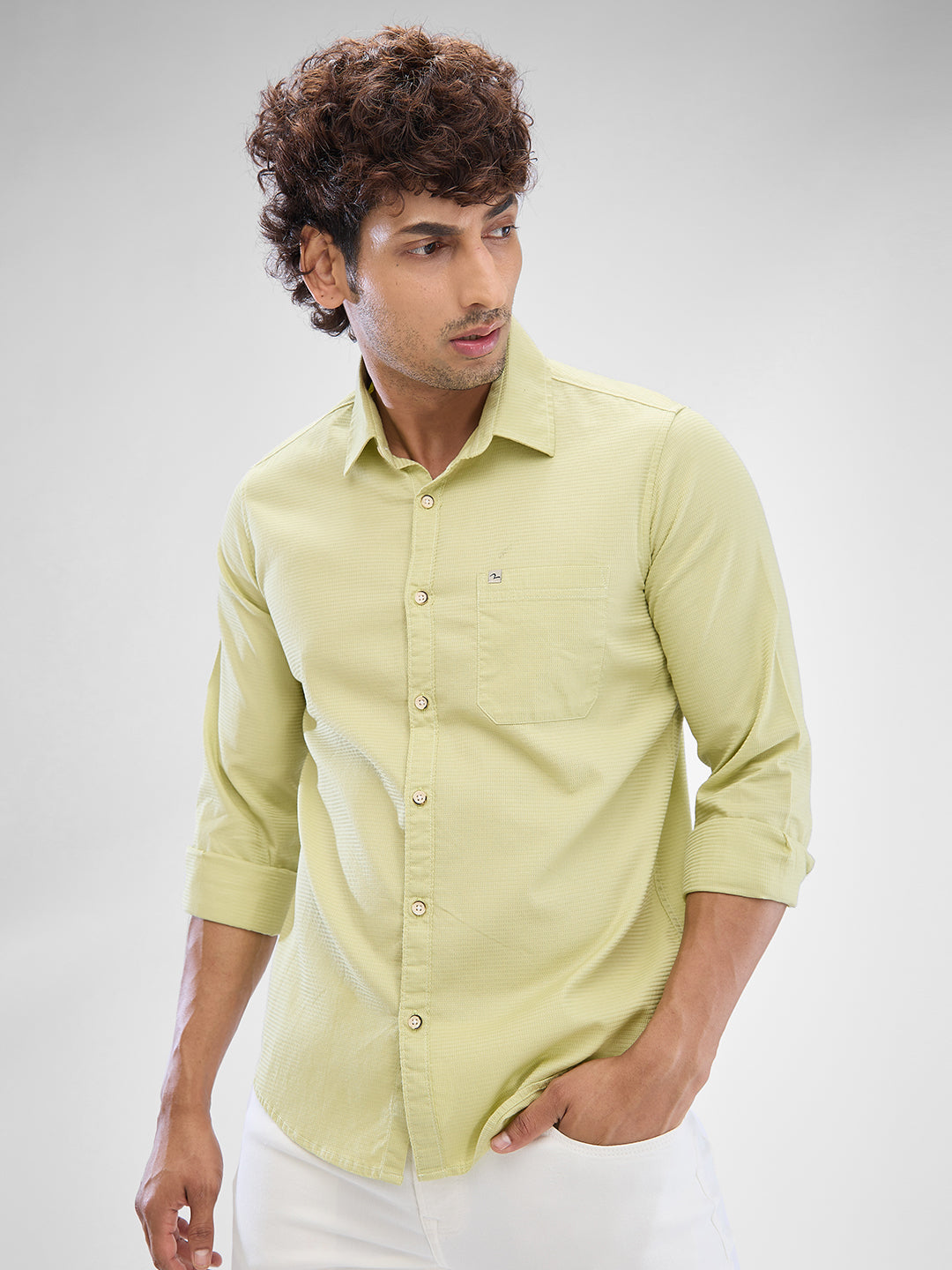 Spykar Beechnut Green Cotton Full Sleeve Raised Collar Shirt For Men