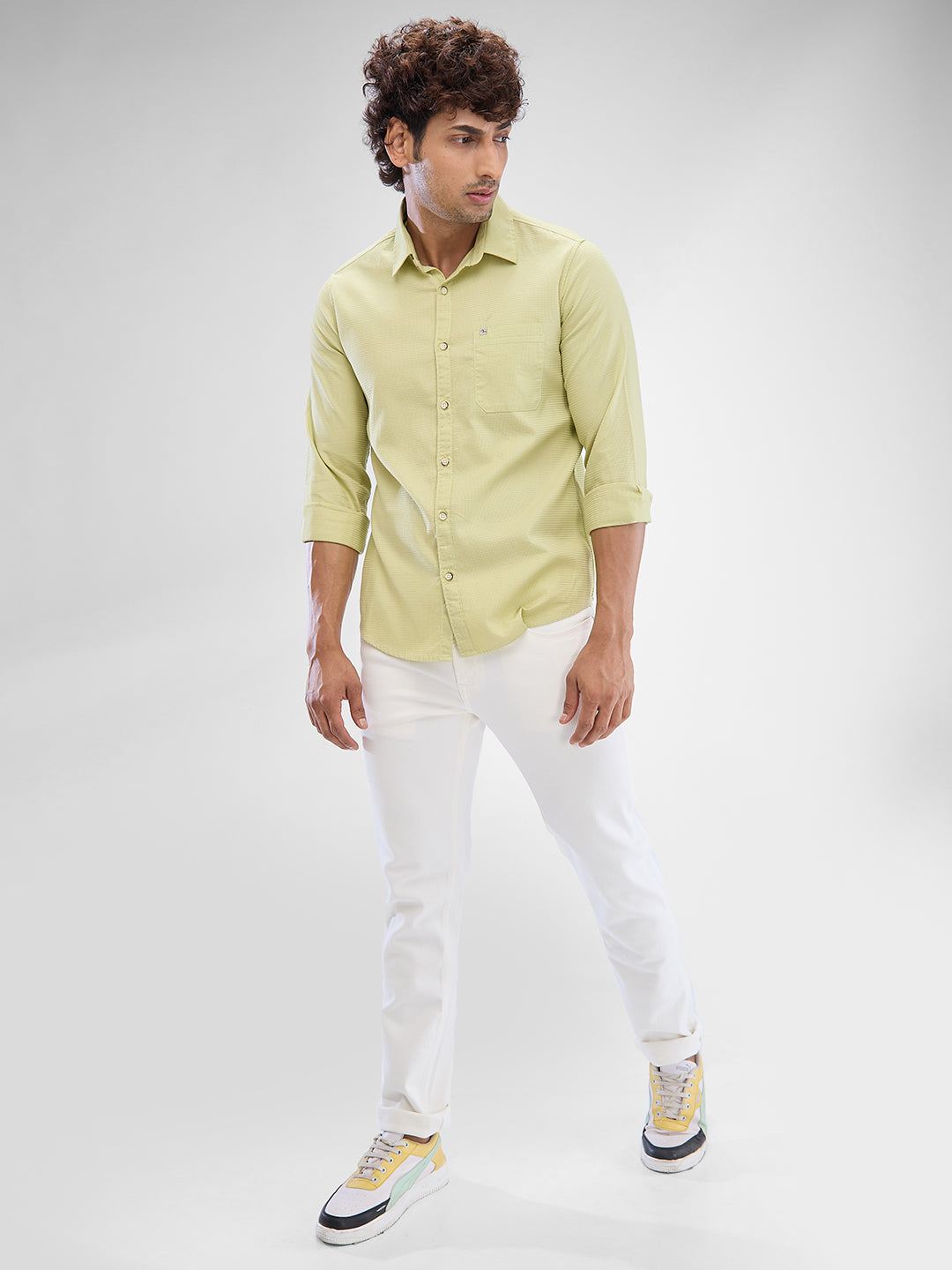 Spykar Beechnut Green Cotton Full Sleeve Raised Collar Shirt For Men