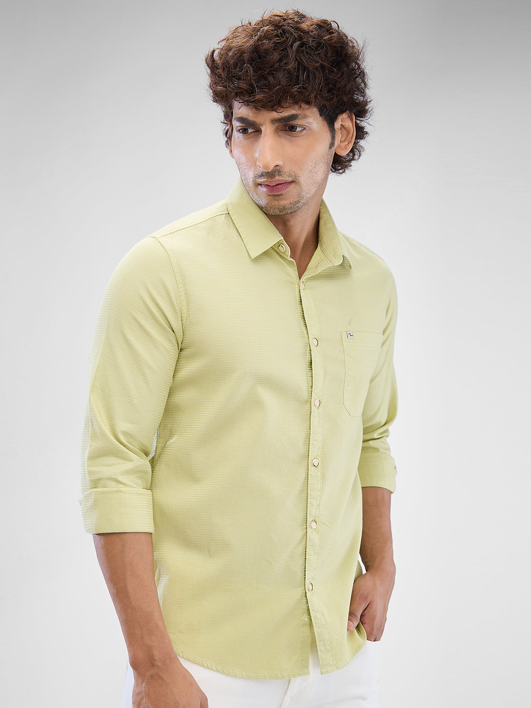 Spykar Beechnut Green Cotton Full Sleeve Raised Collar Shirt For Men