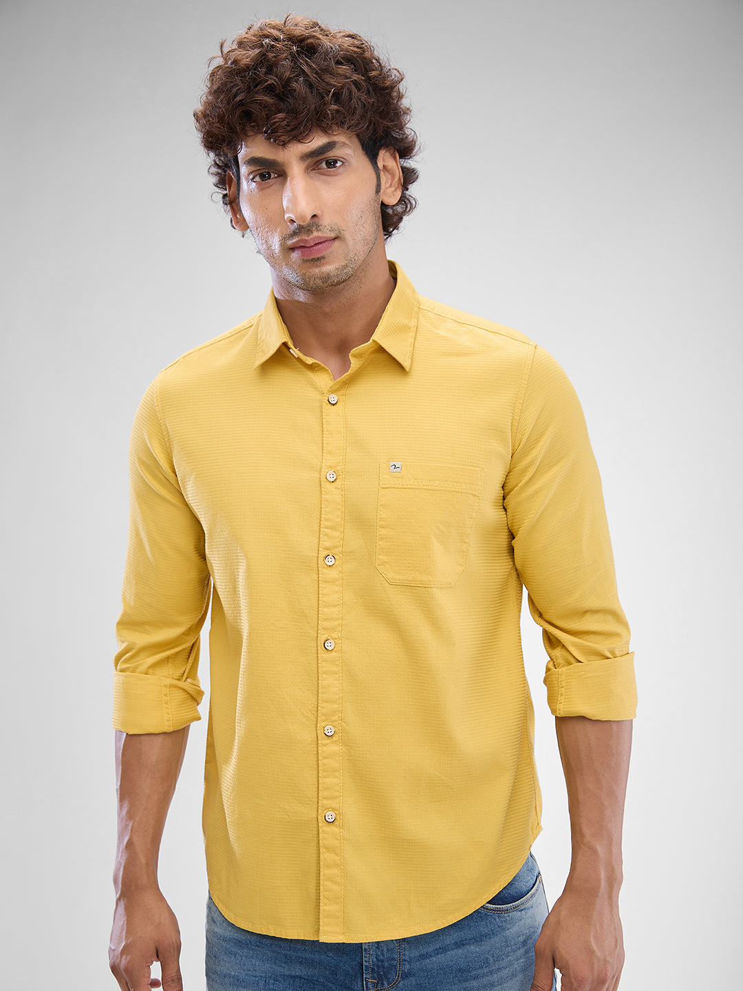 Spykar Dk. Mustard Yellow Cotton Full Sleeve Raised Collar Shirt For Men