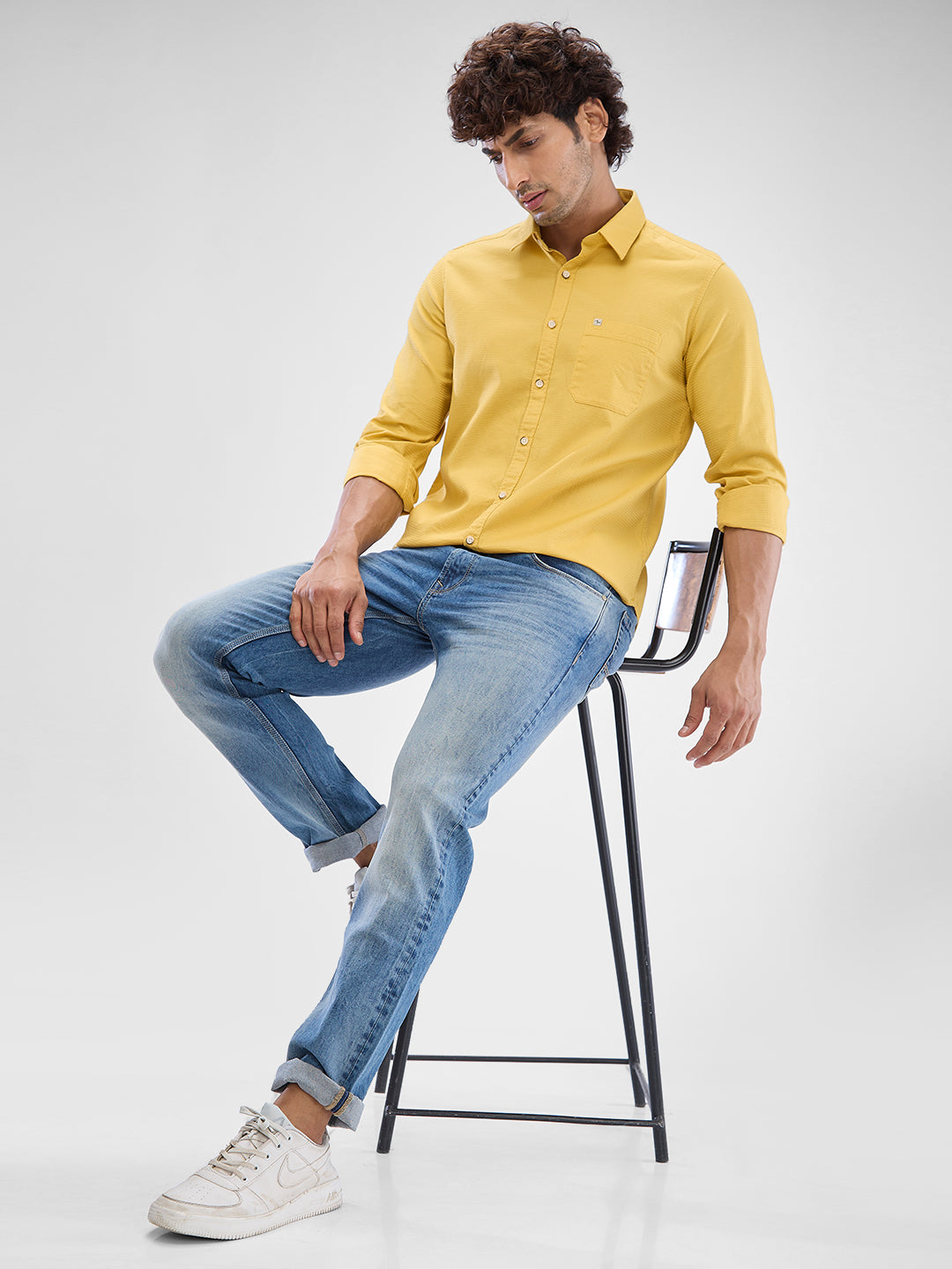 Spykar Dk. Mustard Yellow Cotton Full Sleeve Raised Collar Shirt For Men