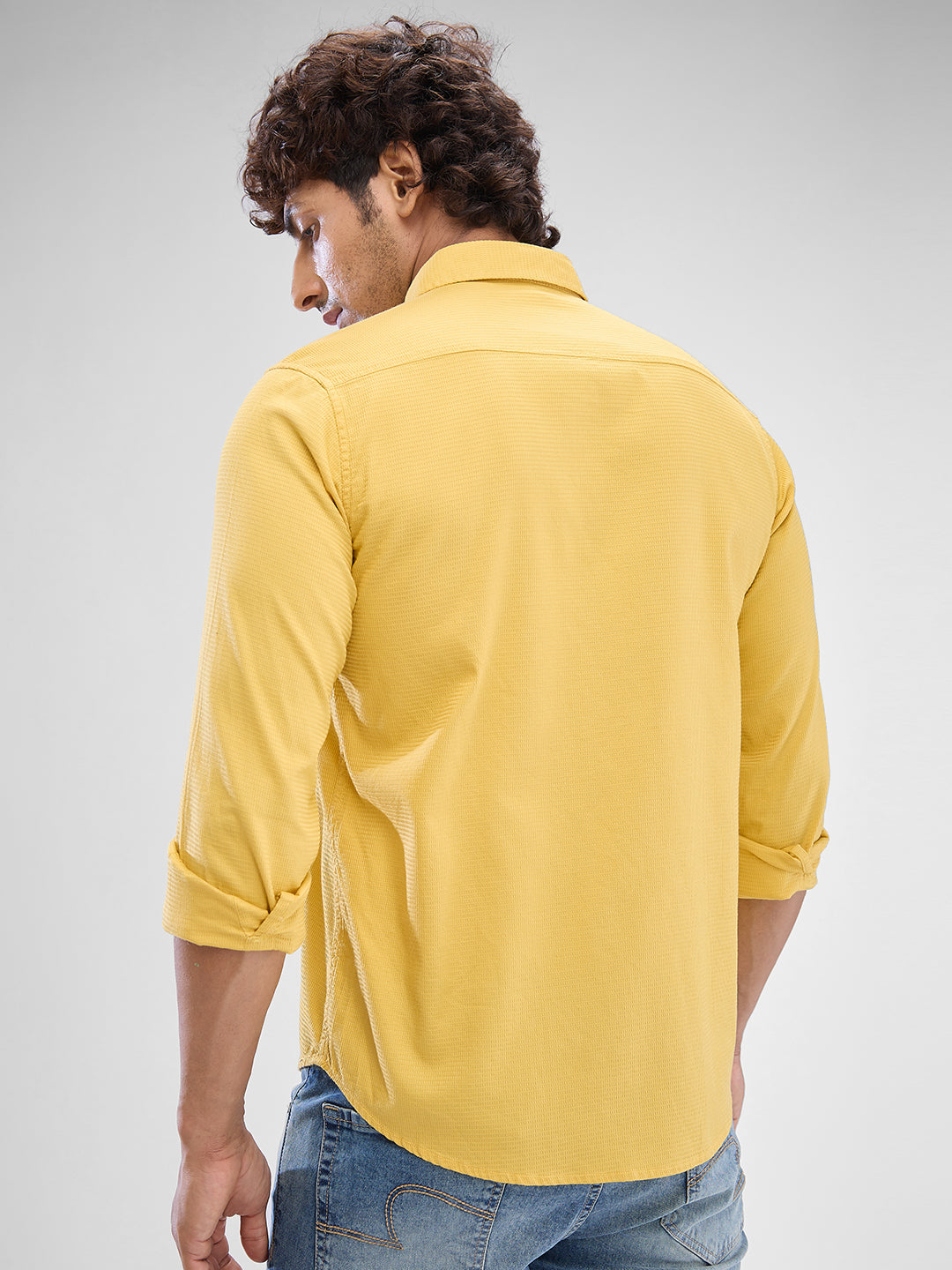 Spykar Dk. Mustard Yellow Cotton Full Sleeve Raised Collar Shirt For Men