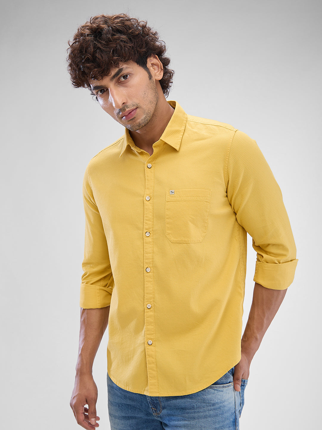 Spykar Dk. Mustard Yellow Cotton Full Sleeve Raised Collar Shirt For Men