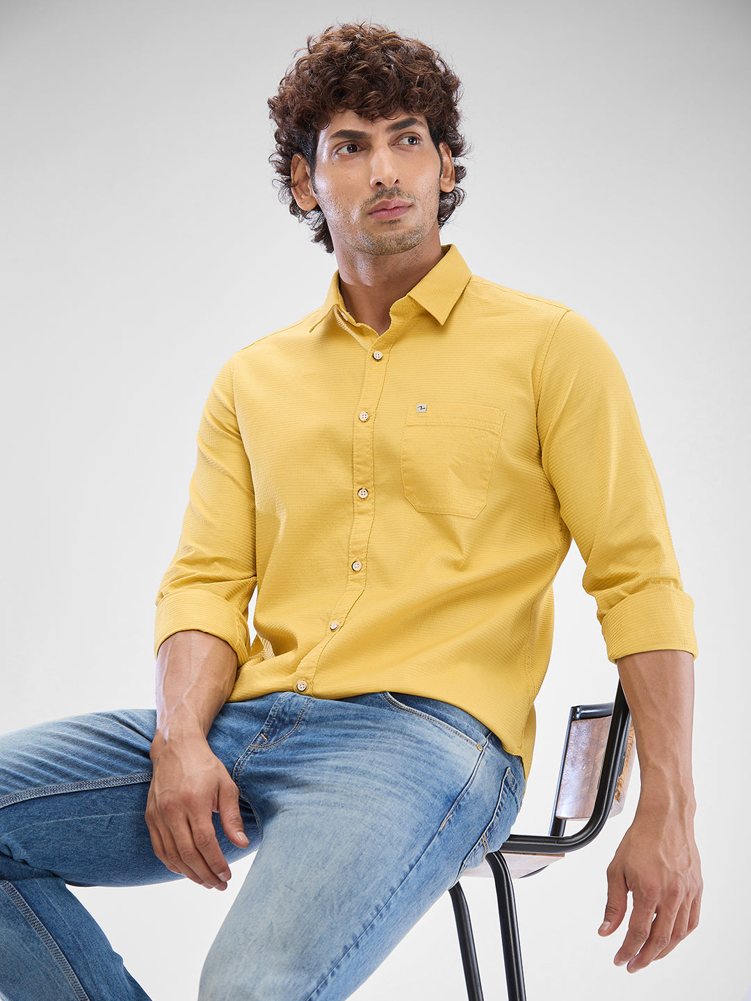 Spykar Dk. Mustard Yellow Cotton Full Sleeve Raised Collar Shirt For Men