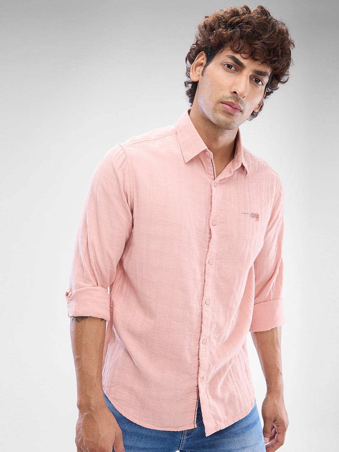 Spykar Rose Cloud Pink Cotton Full Sleeve Raised Collar Shirt For Men