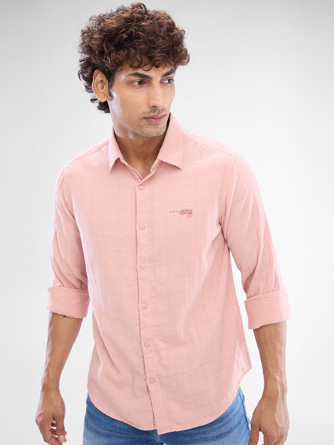 Spykar Rose Cloud Pink Cotton Full Sleeve Raised Collar Shirt For Men