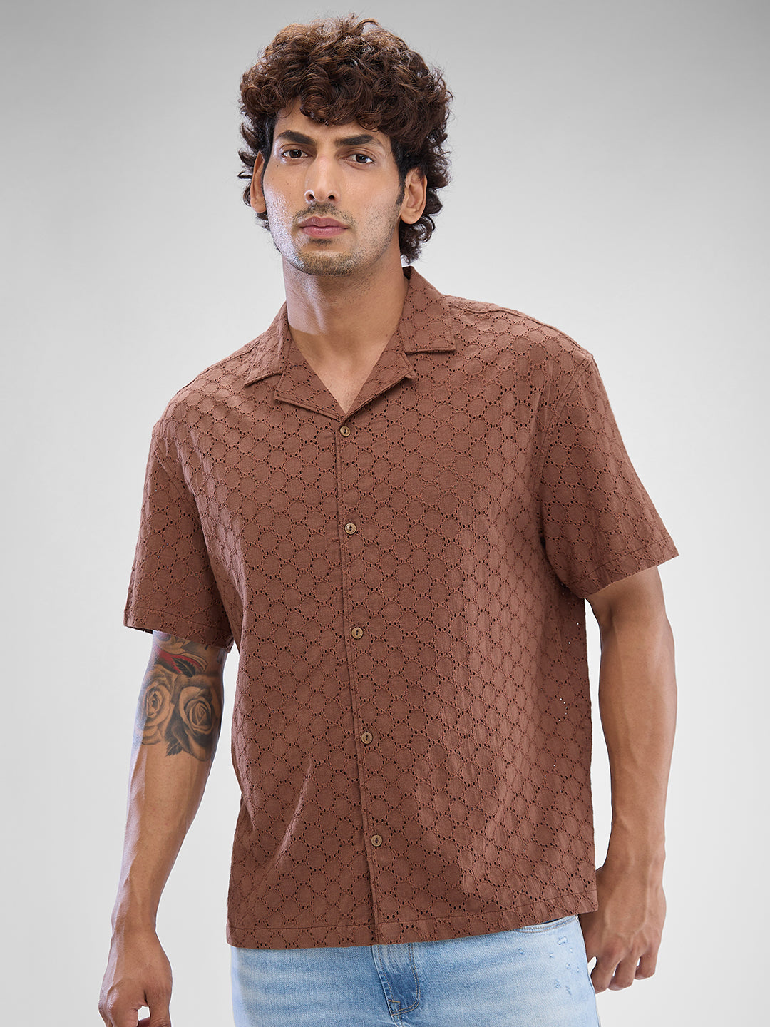 Spykar Friar Brown Cotton Half Sleeve Cuban Collar Shirt For Men