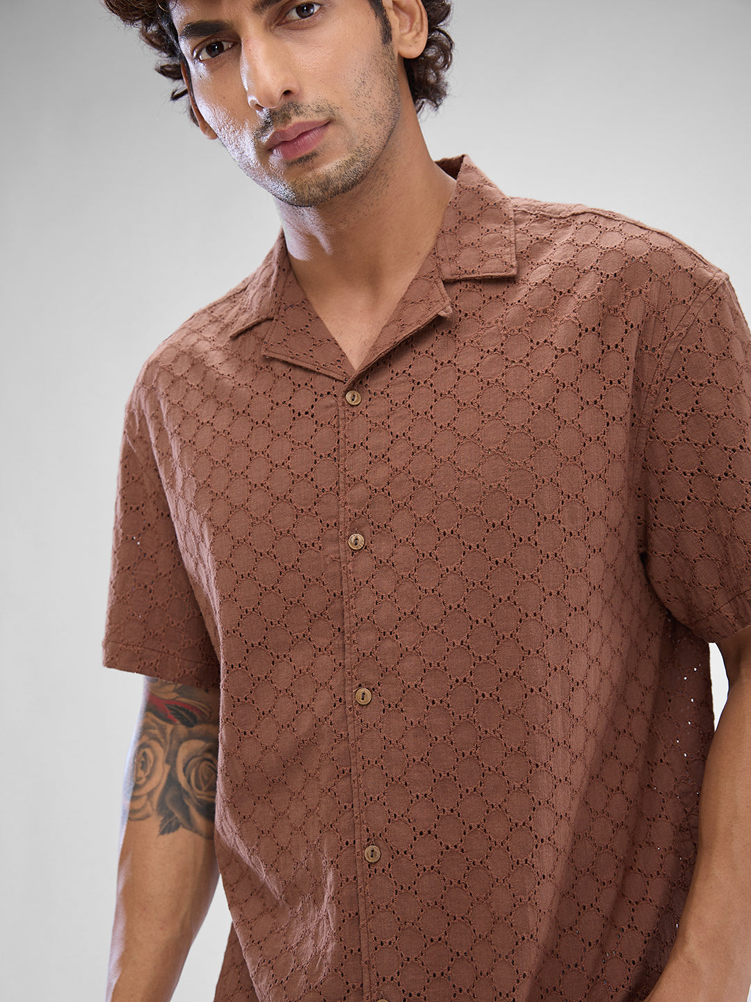 Spykar Friar Brown Cotton Half Sleeve Cuban Collar Shirt For Men