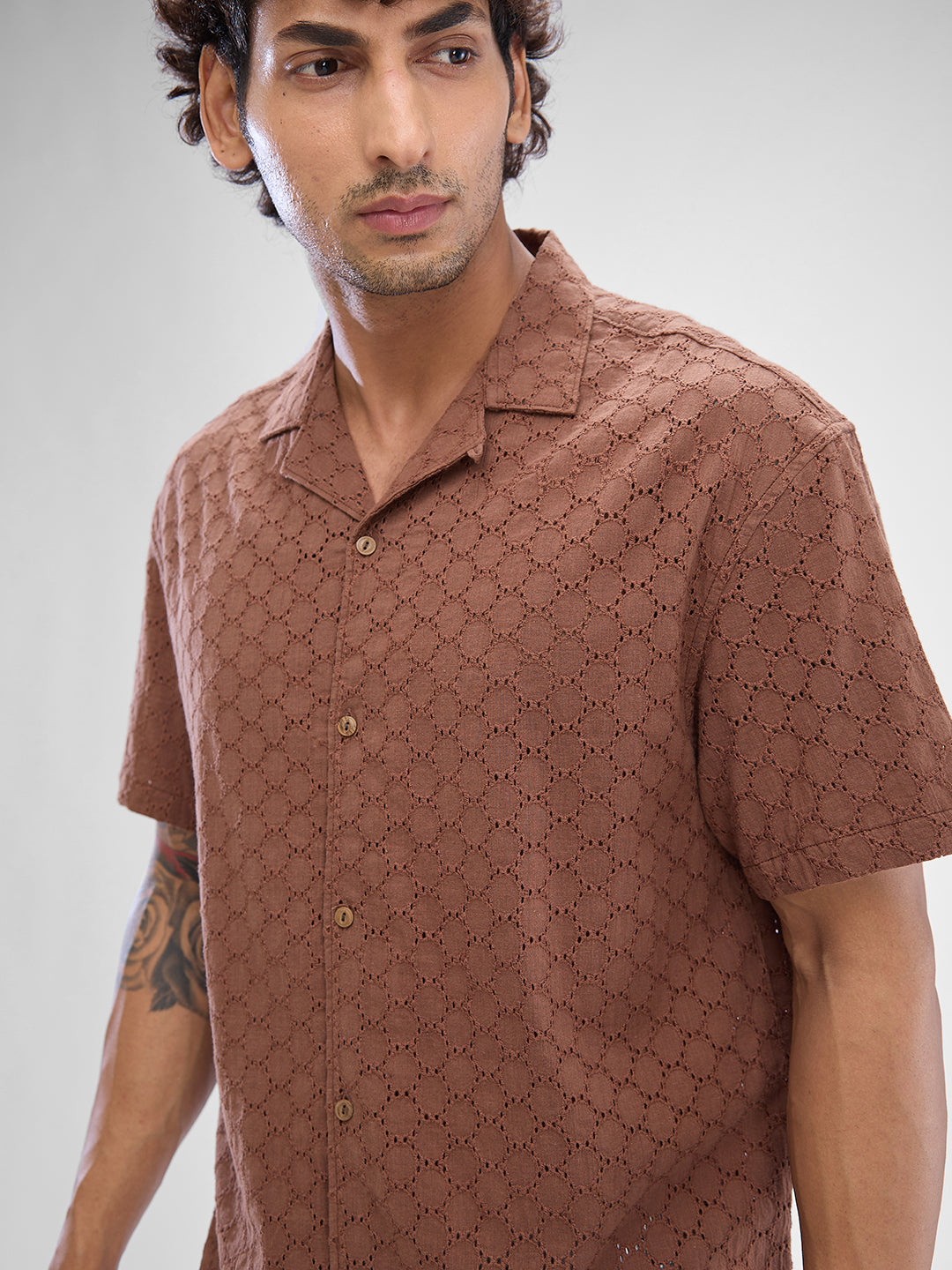 Spykar Friar Brown Cotton Half Sleeve Cuban Collar Shirt For Men