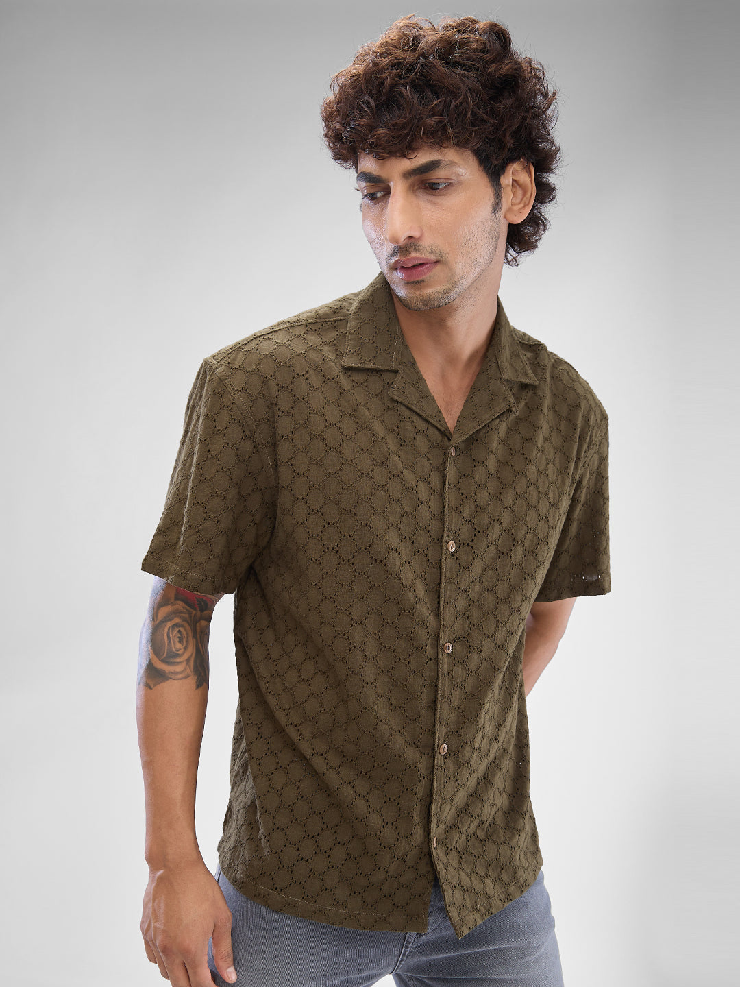 Spykar Military Green Cotton Half Sleeve Cuban Collar Shirt For Men