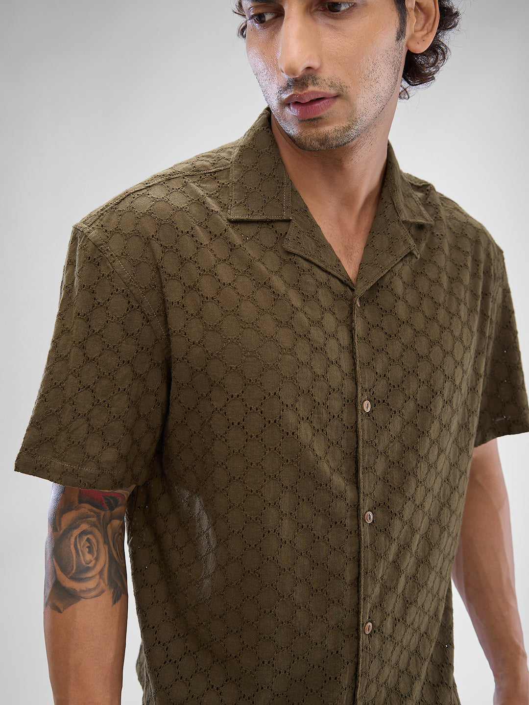 Spykar Military Green Cotton Half Sleeve Cuban Collar Shirt For Men