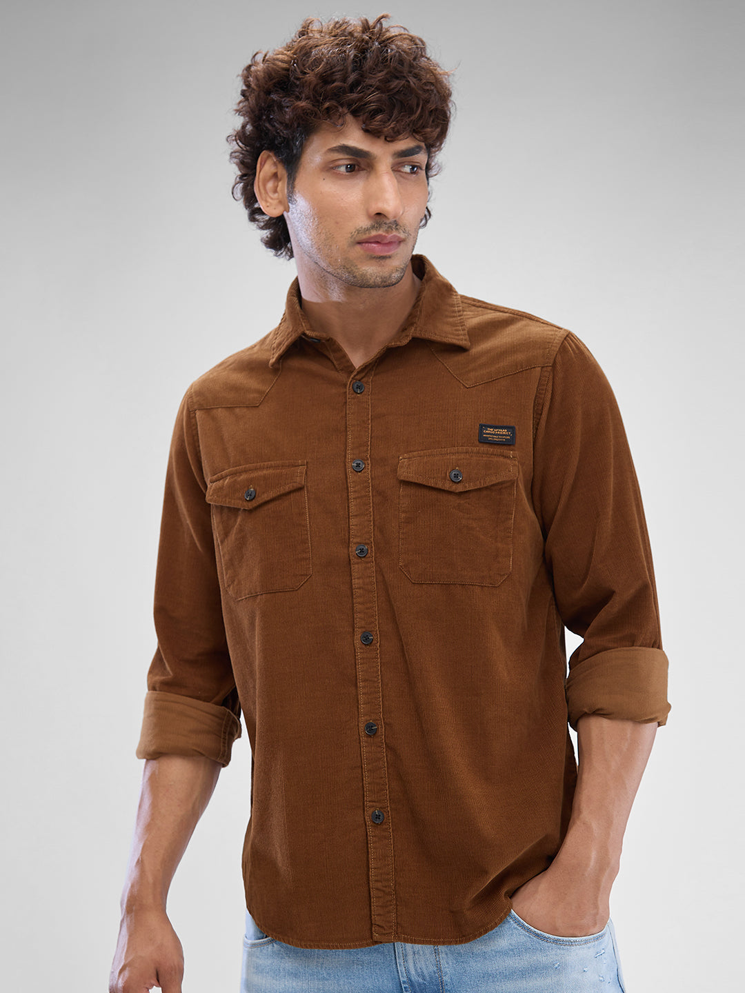 Spykar Friar Brown Cotton Full Sleeve Raised Collar Shirt For Men