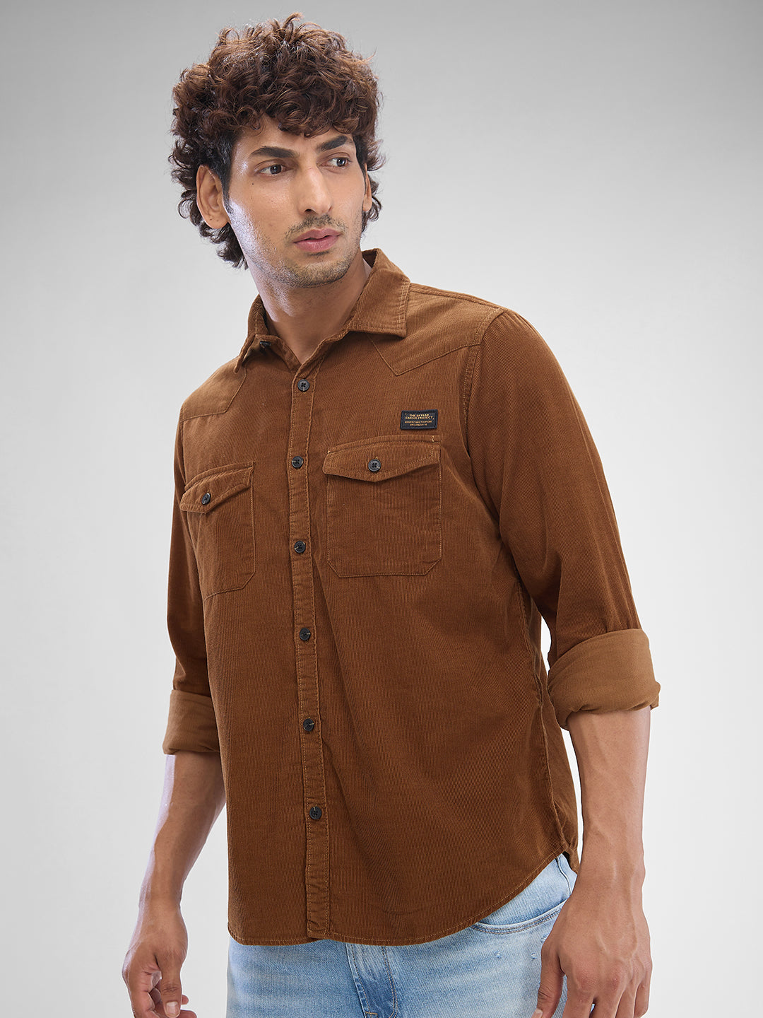 Spykar Friar Brown Cotton Full Sleeve Raised Collar Shirt For Men