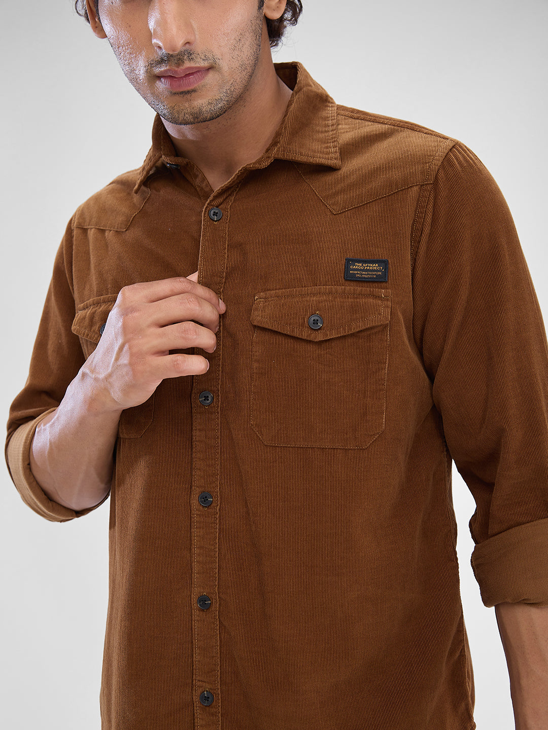 Spykar Friar Brown Cotton Full Sleeve Raised Collar Shirt For Men