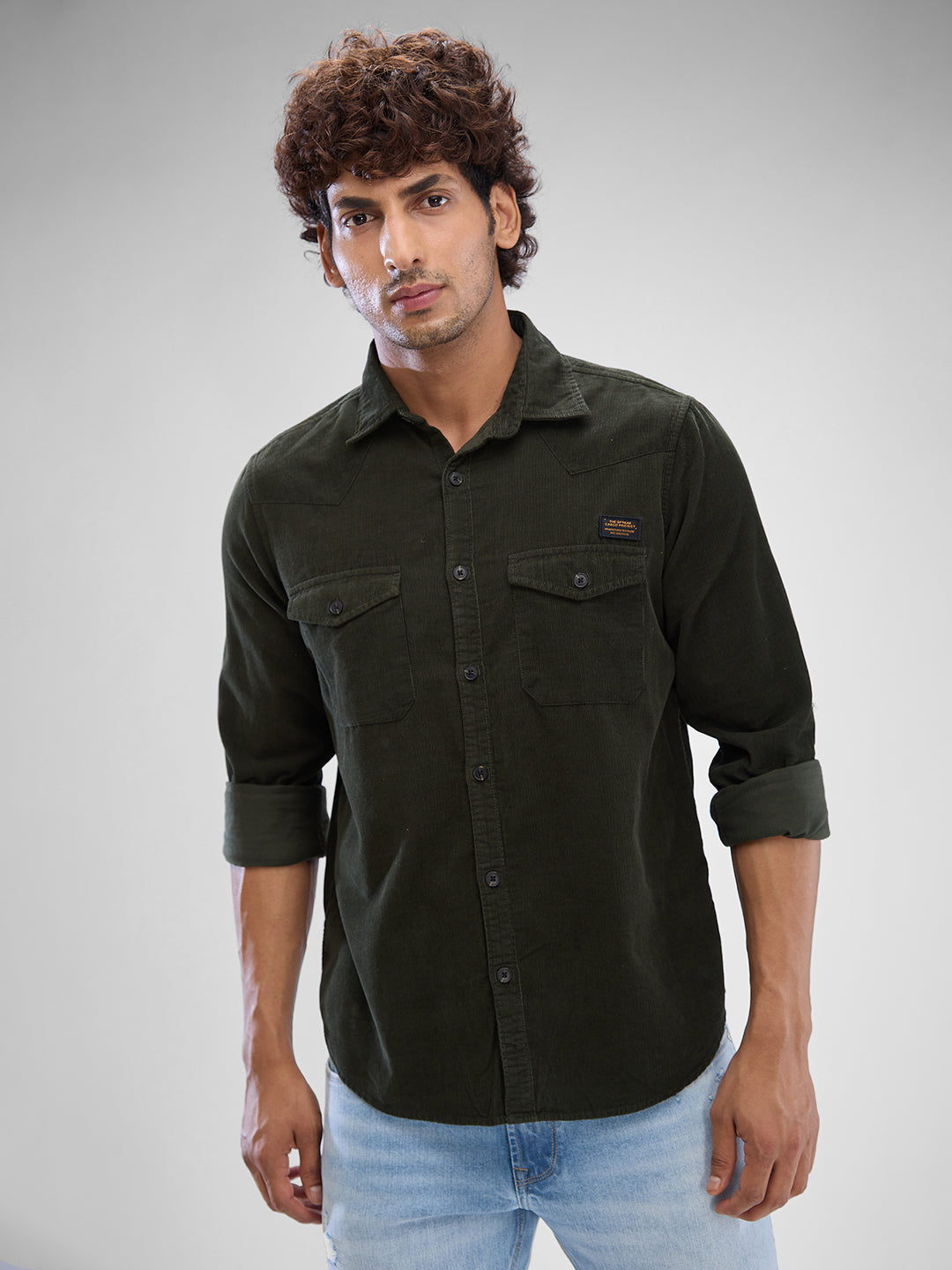 Spykar Rifle Green Cotton Full Sleeve Raised Collar Shirt For Men