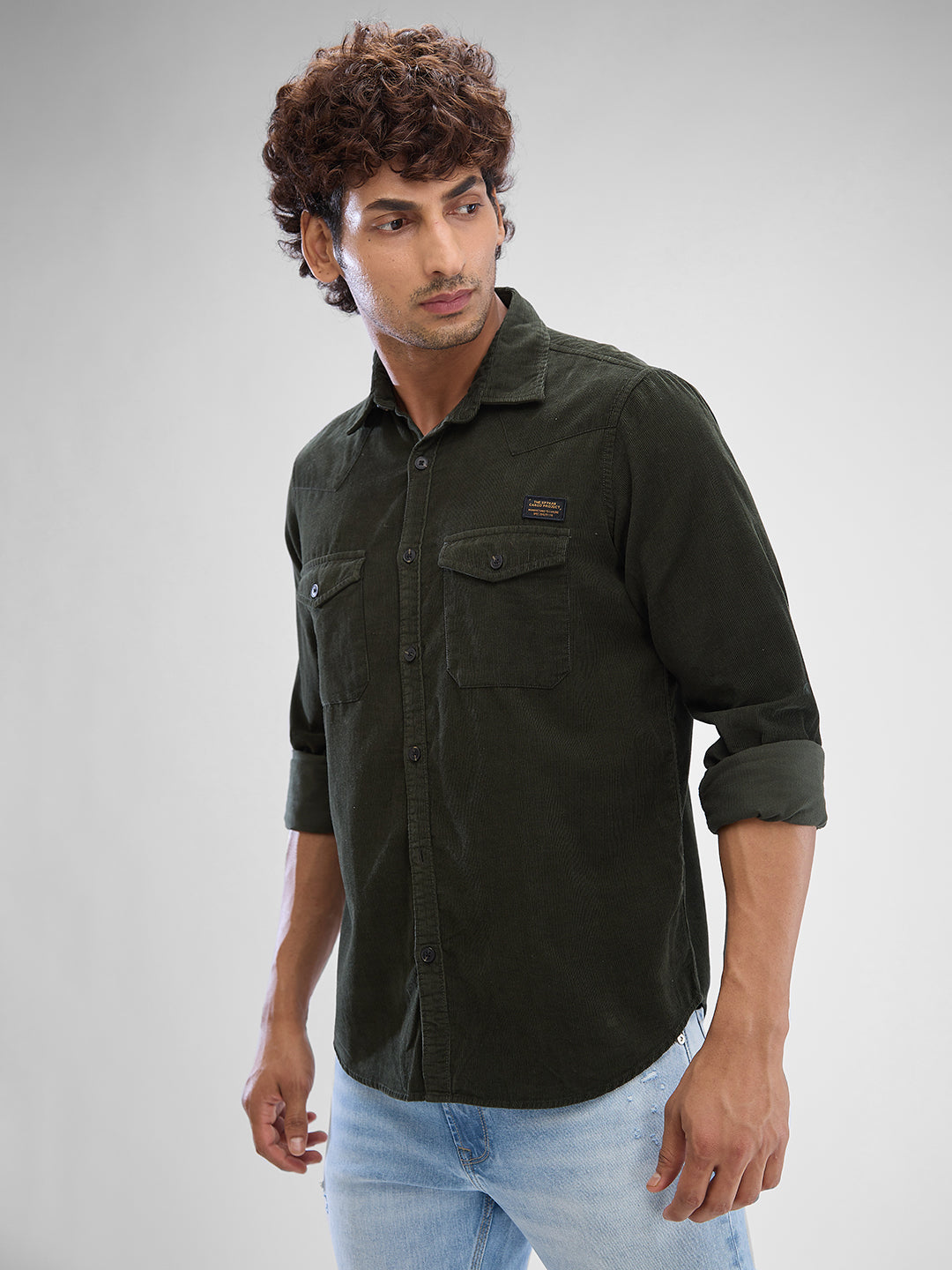 Spykar Rifle Green Cotton Full Sleeve Raised Collar Shirt For Men