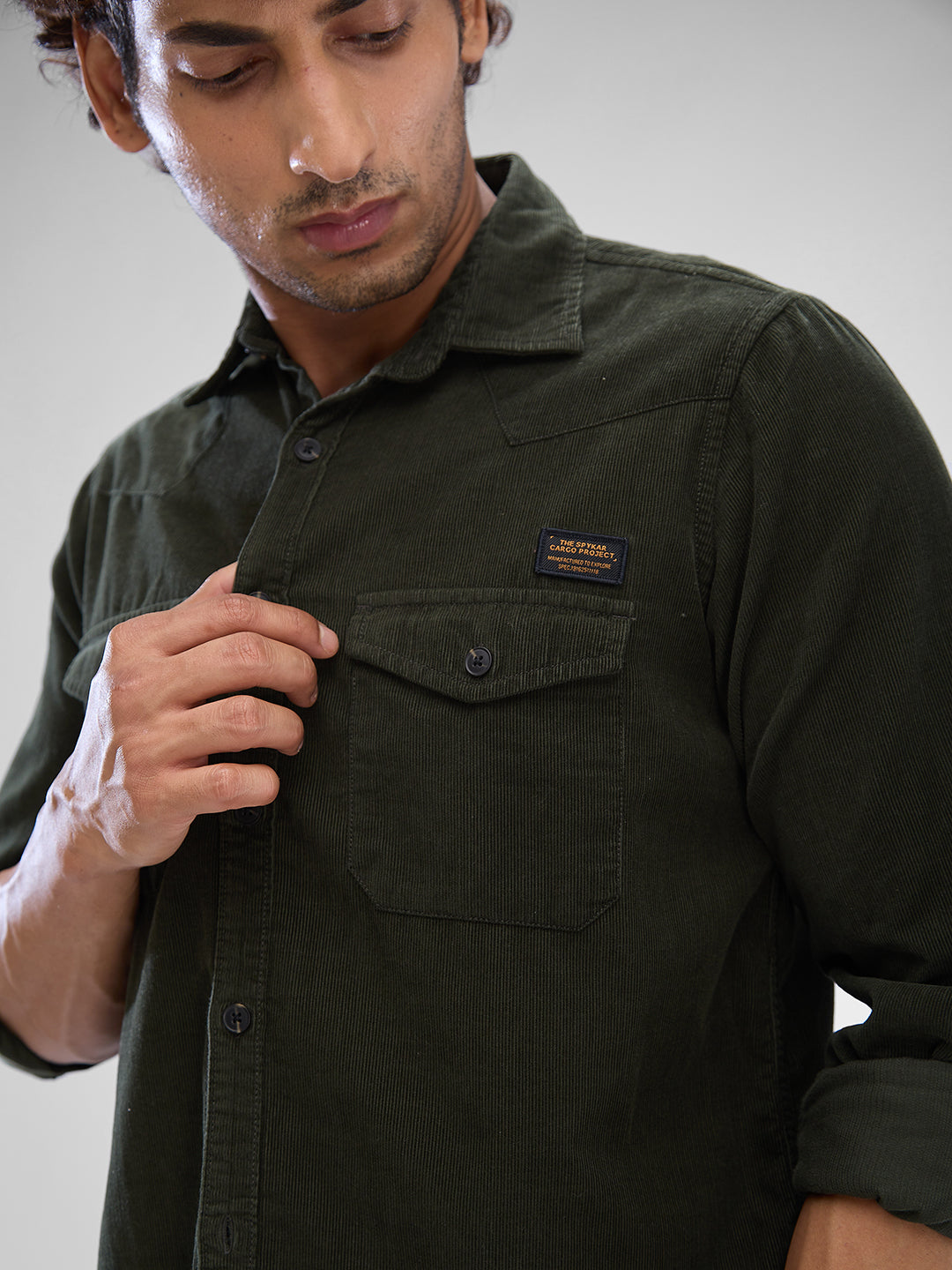 Spykar Rifle Green Cotton Full Sleeve Raised Collar Shirt For Men