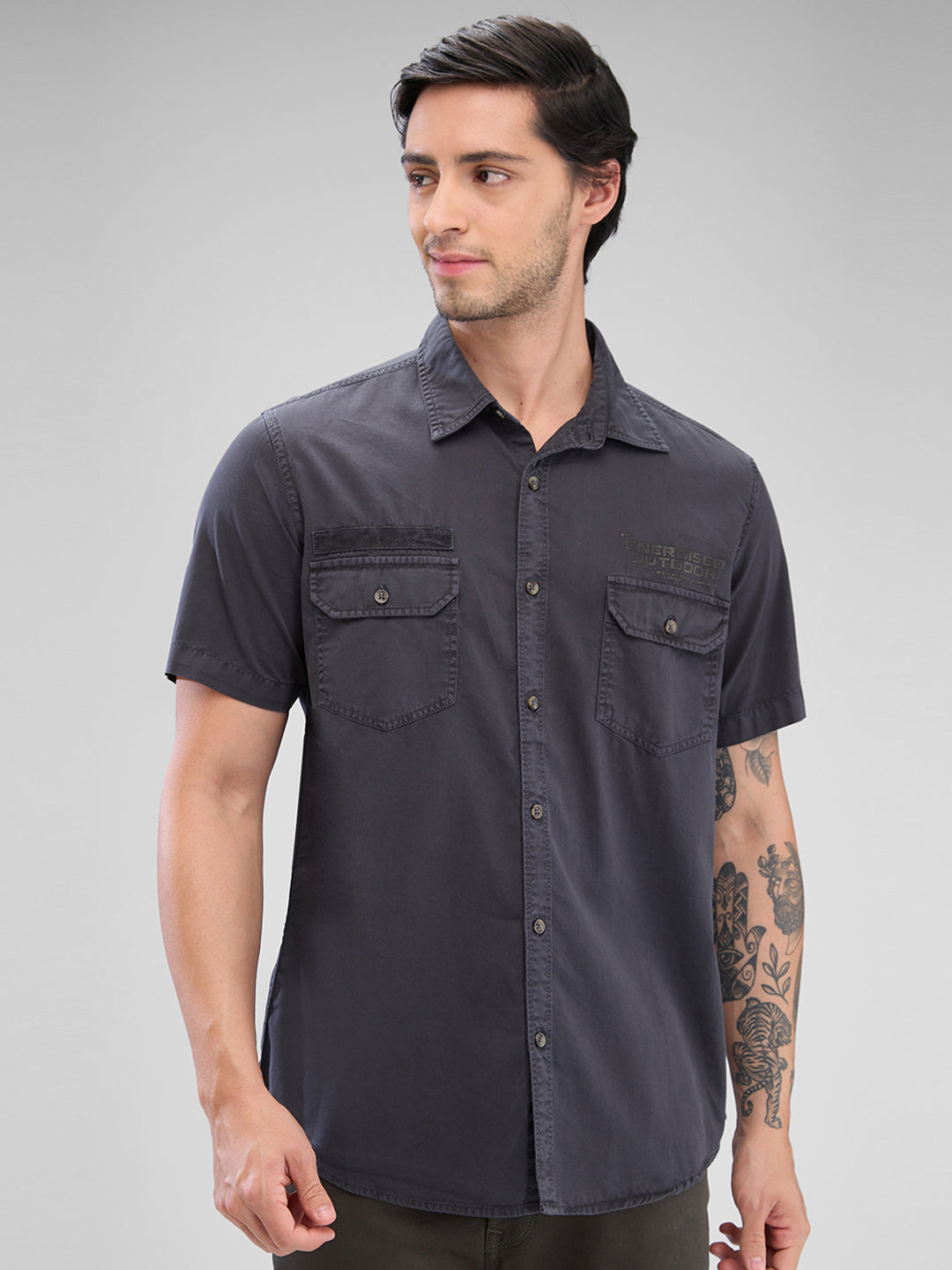 Spykar Charcoal Grey Cotton Half Sleeve Raised Collar Shirt For Men