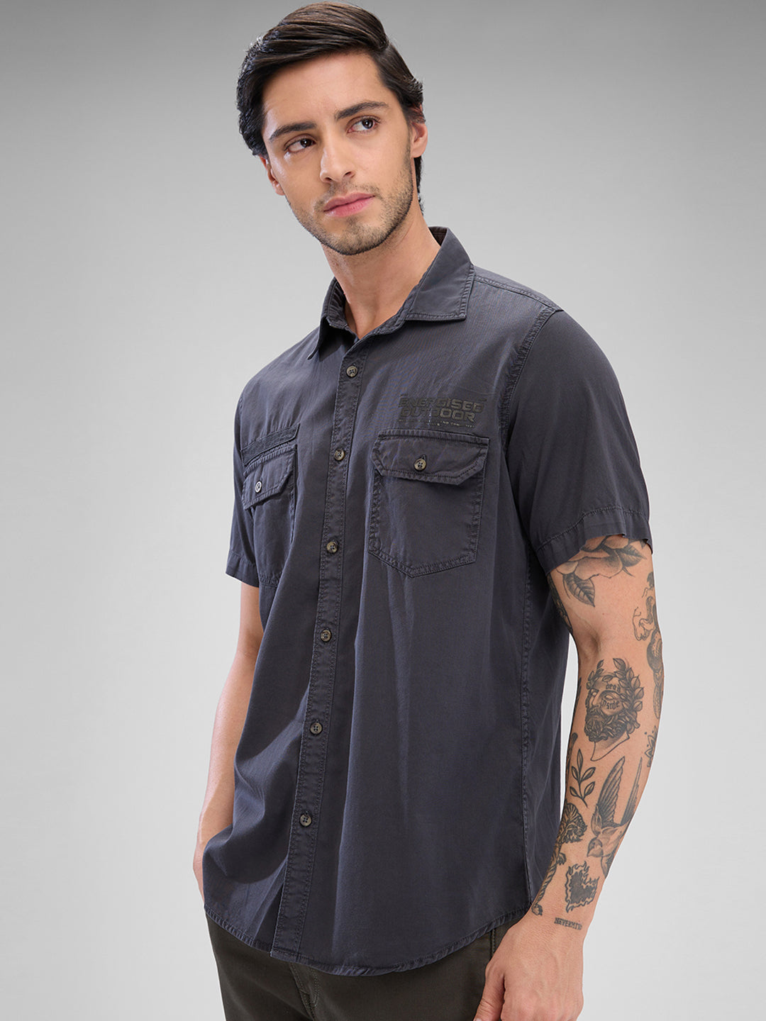 Spykar Charcoal Grey Cotton Half Sleeve Raised Collar Shirt For Men