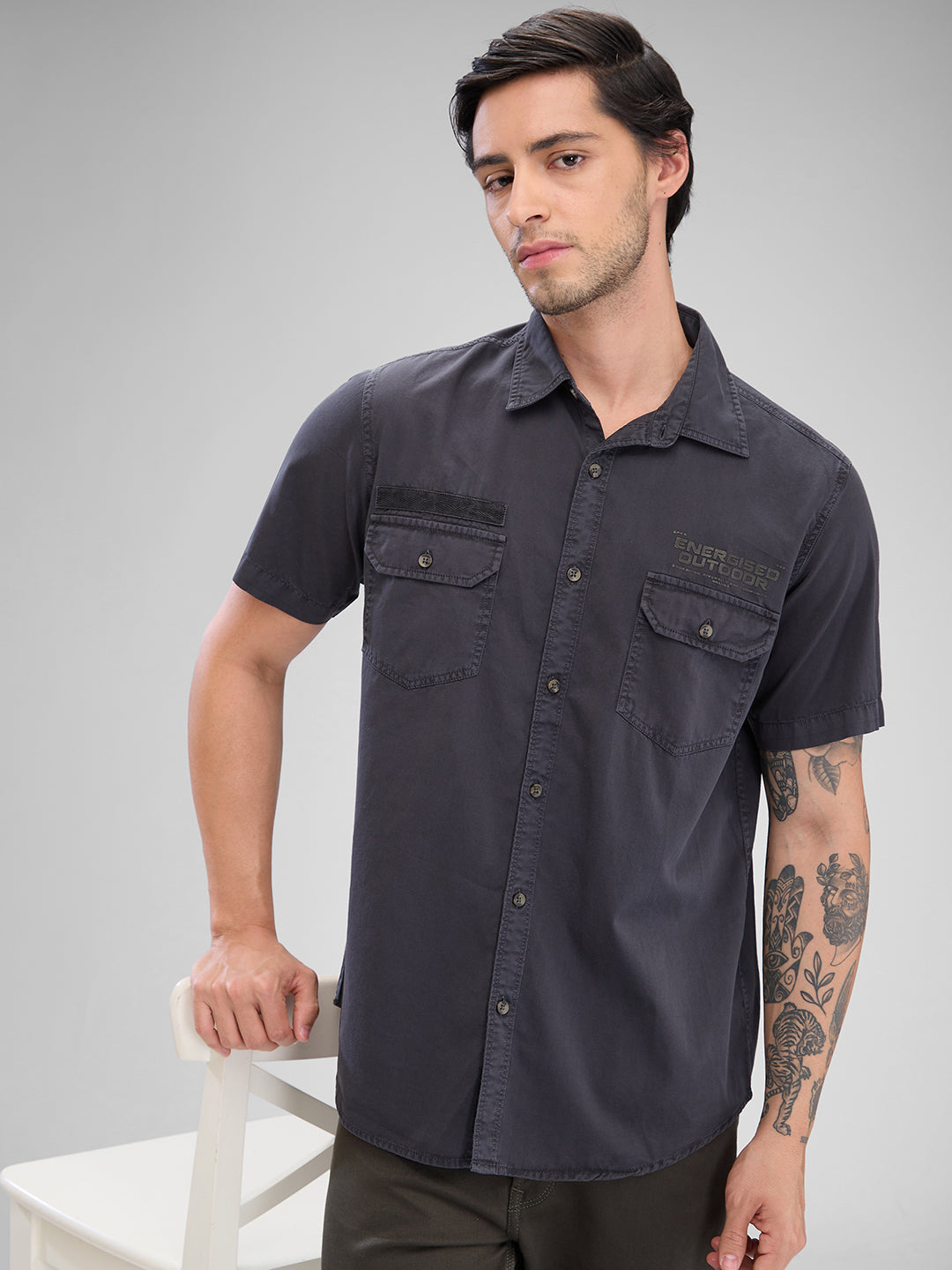 Spykar Charcoal Grey Cotton Half Sleeve Raised Collar Shirt For Men