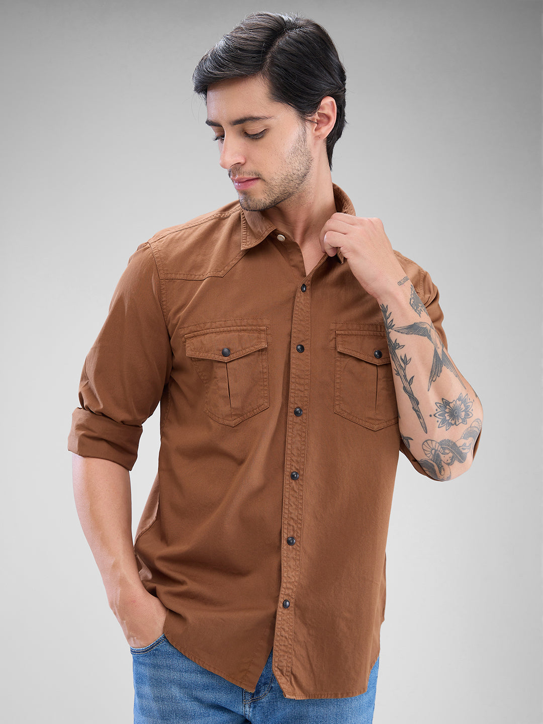 Spykar Bison Brown Cotton Full Sleeve Raised Collar Shirt For Men