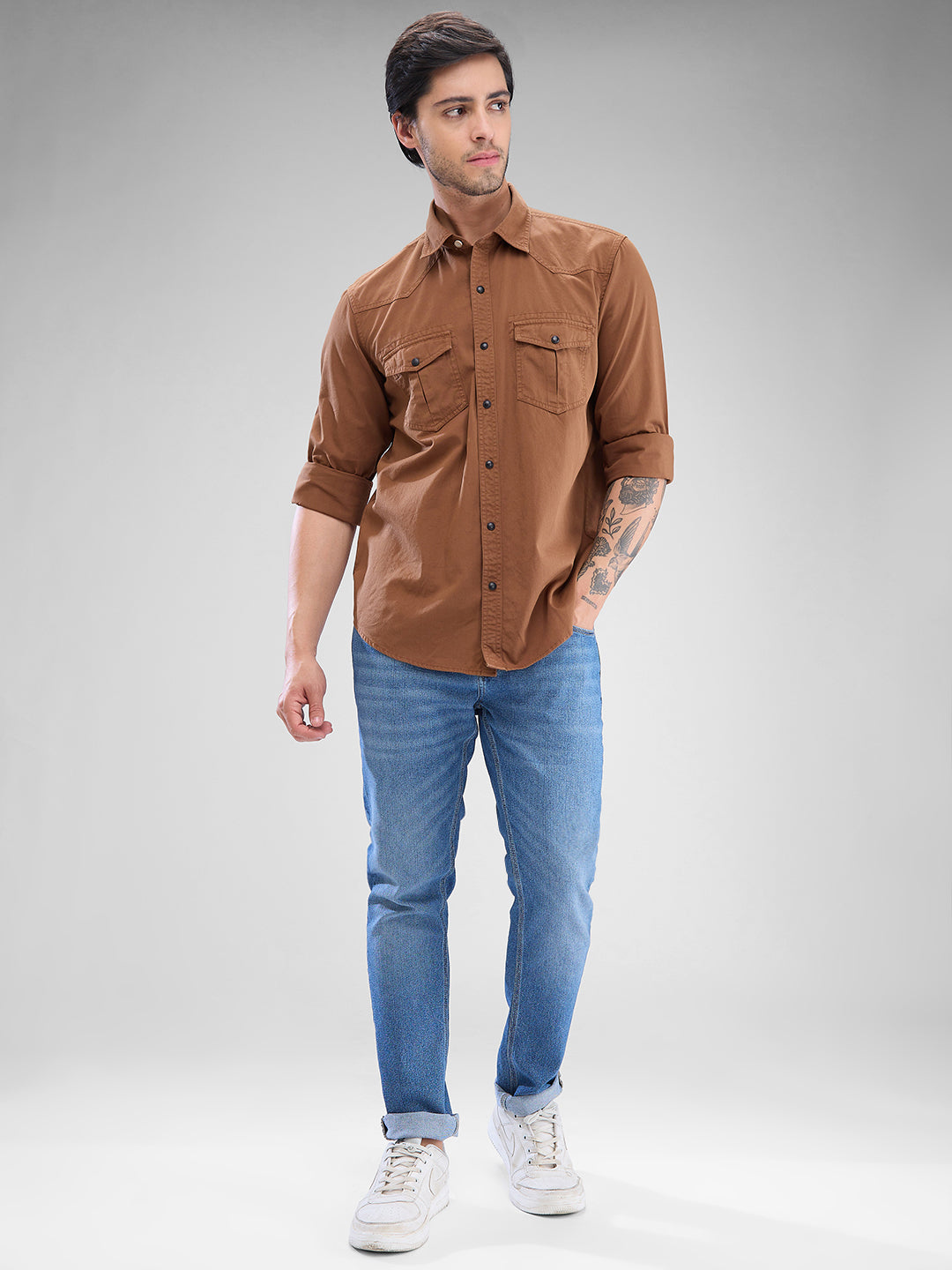 Spykar Bison Brown Cotton Full Sleeve Raised Collar Shirt For Men