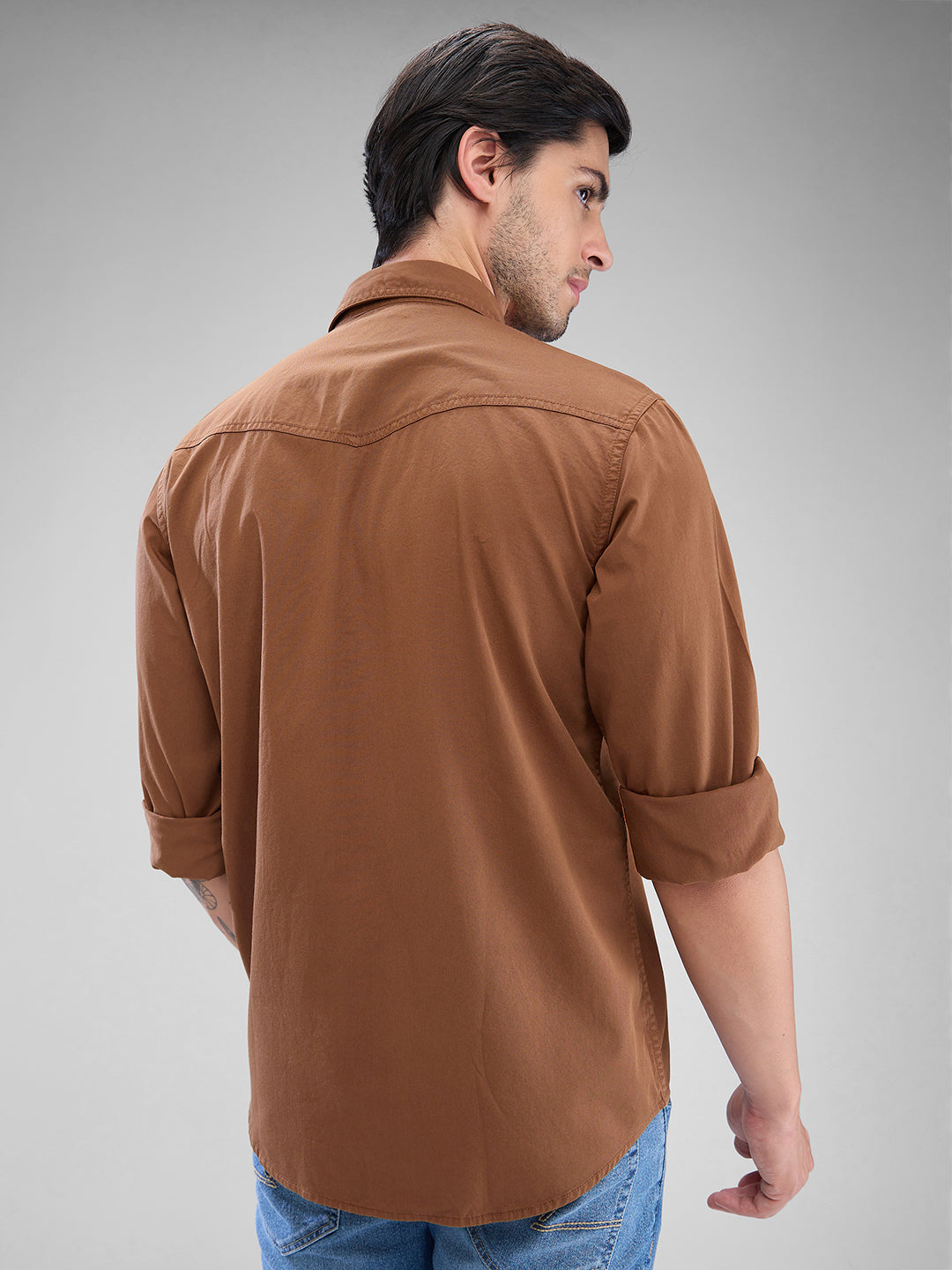 Spykar Bison Brown Cotton Full Sleeve Raised Collar Shirt For Men