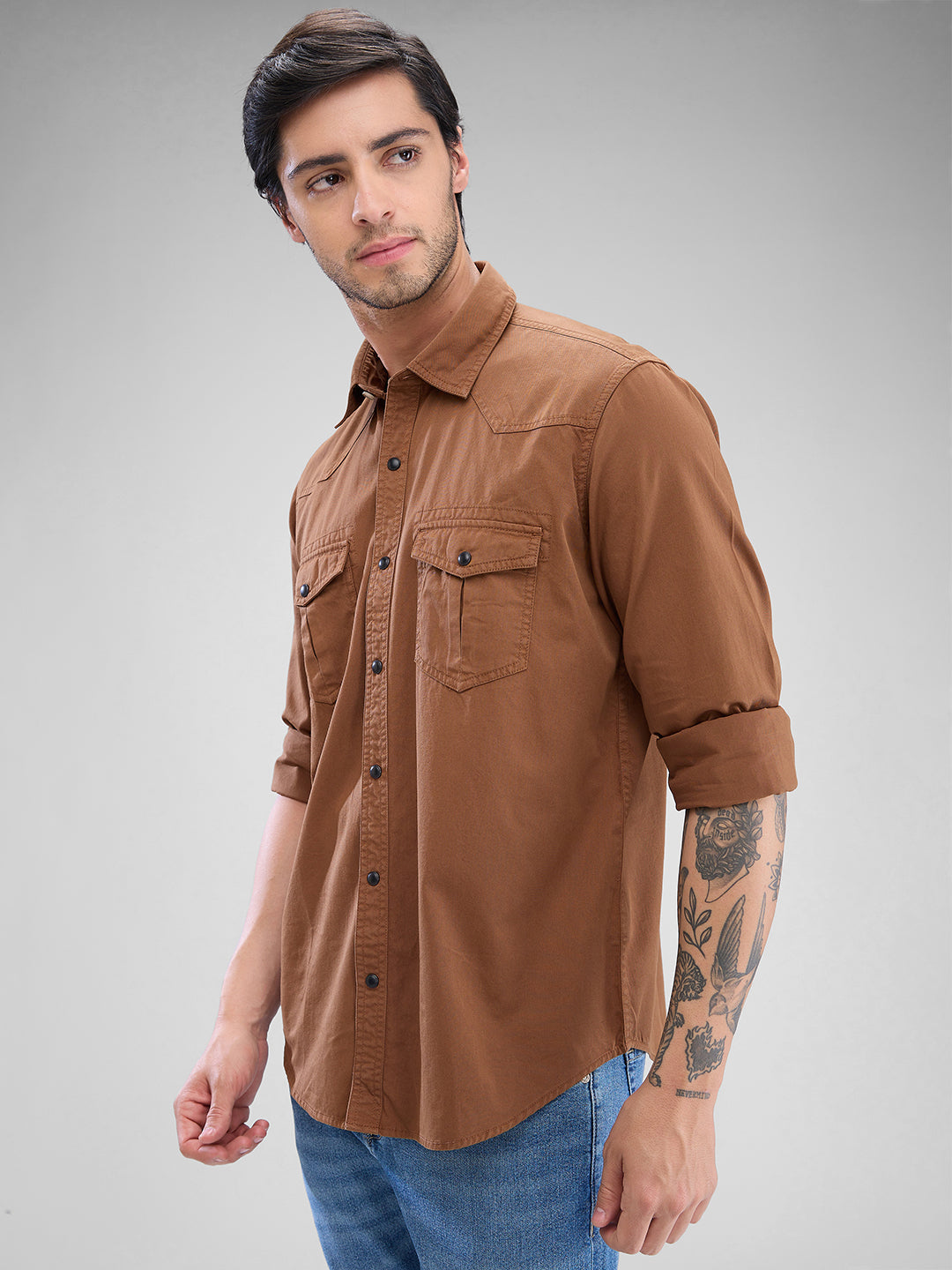 Spykar Bison Brown Cotton Full Sleeve Raised Collar Shirt For Men