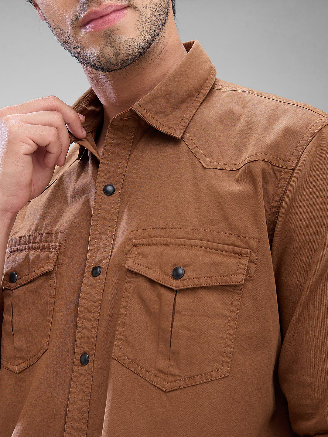 Spykar Bison Brown Cotton Full Sleeve Raised Collar Shirt For Men