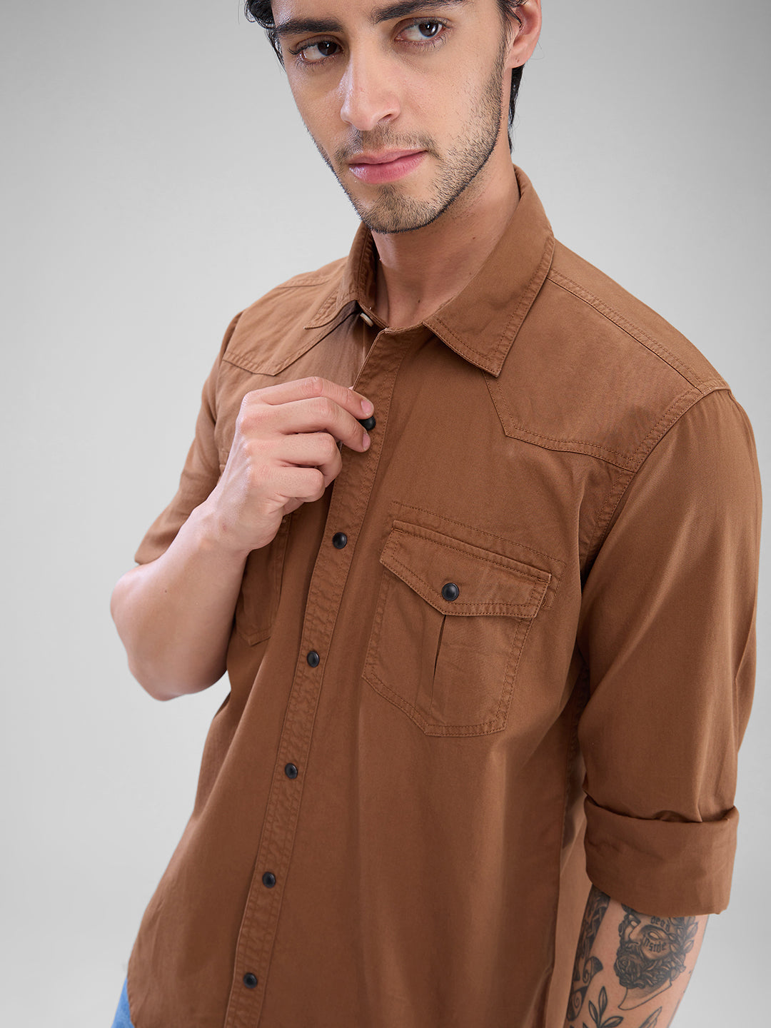 Spykar Bison Brown Cotton Full Sleeve Raised Collar Shirt For Men