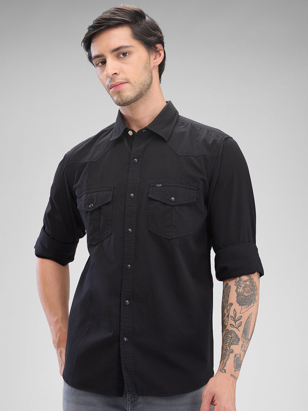 Spykar Black Cotton Full Sleeve Raised Collar Shirt For Men