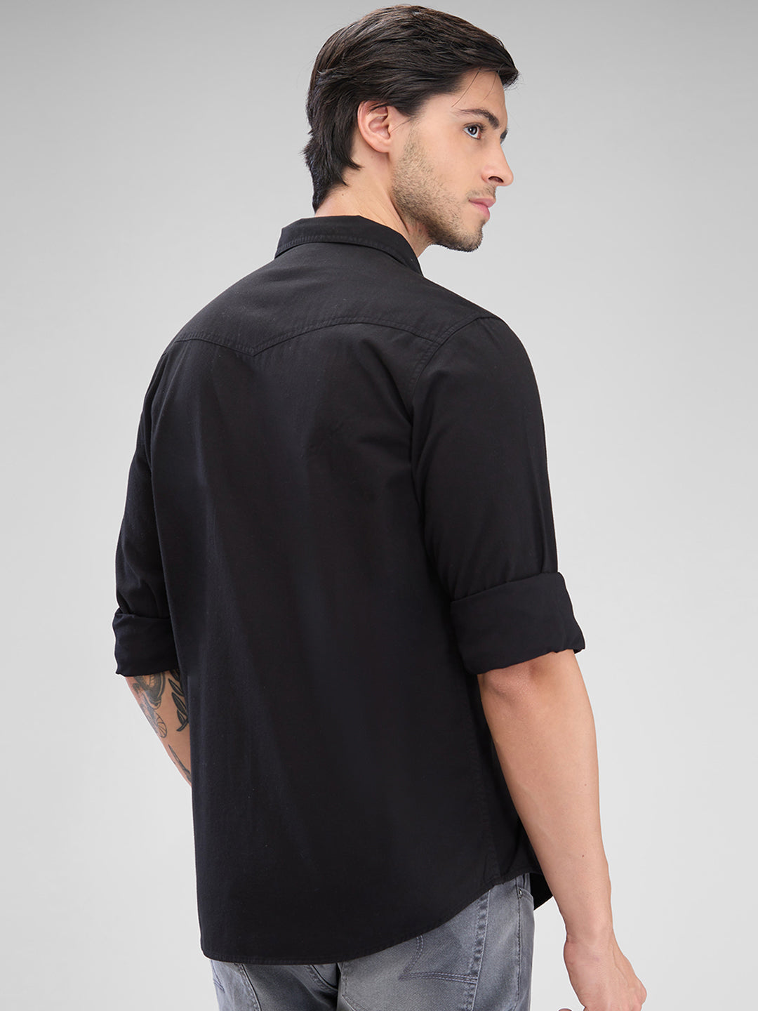 Spykar Black Cotton Full Sleeve Raised Collar Shirt For Men