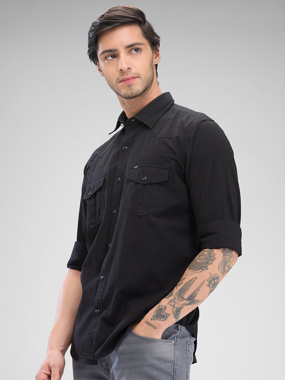 Spykar Black Cotton Full Sleeve Raised Collar Shirt For Men