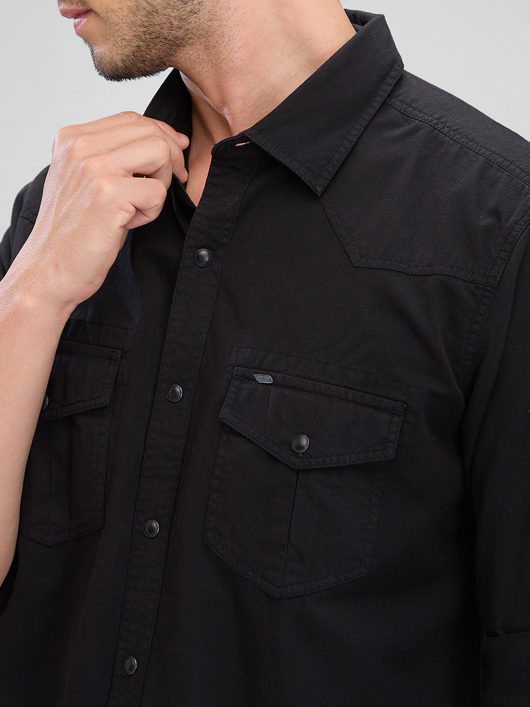 Spykar Black Cotton Full Sleeve Raised Collar Shirt For Men