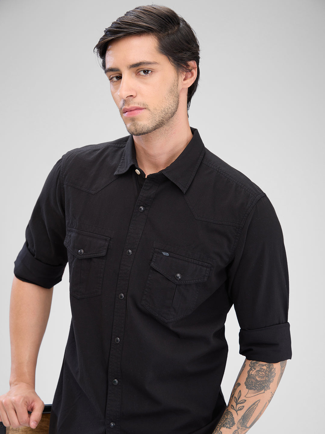 Spykar Black Cotton Full Sleeve Raised Collar Shirt For Men