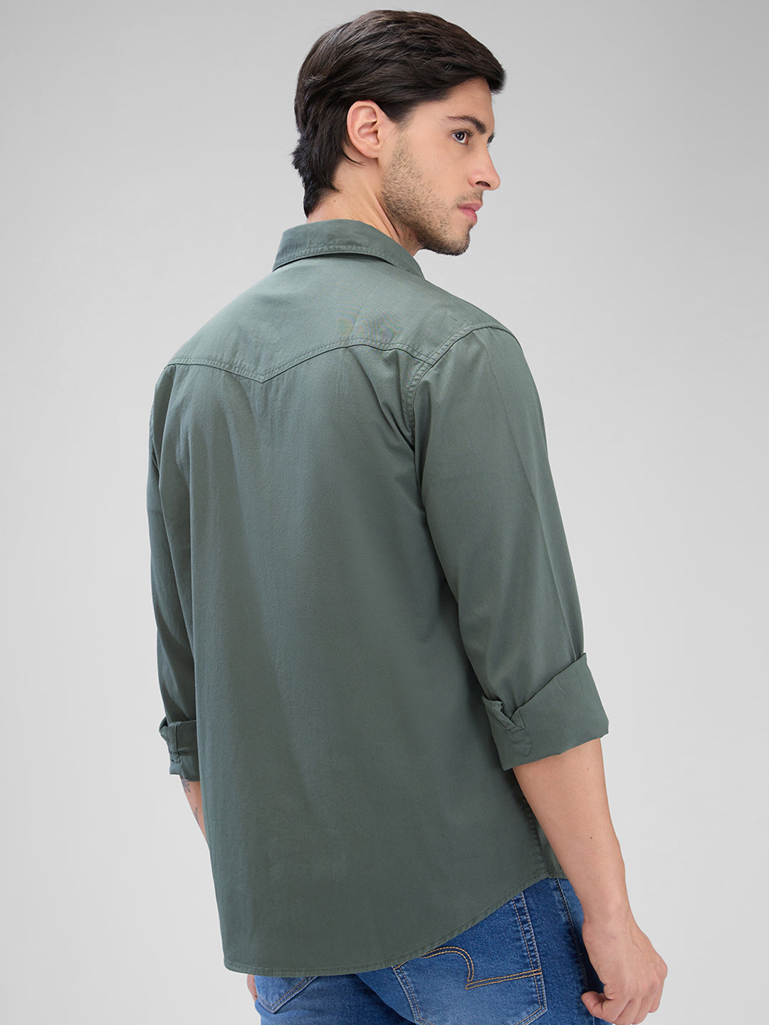 Spykar Cilantro Green Cotton Full Sleeve Raised Collar Shirt For Men