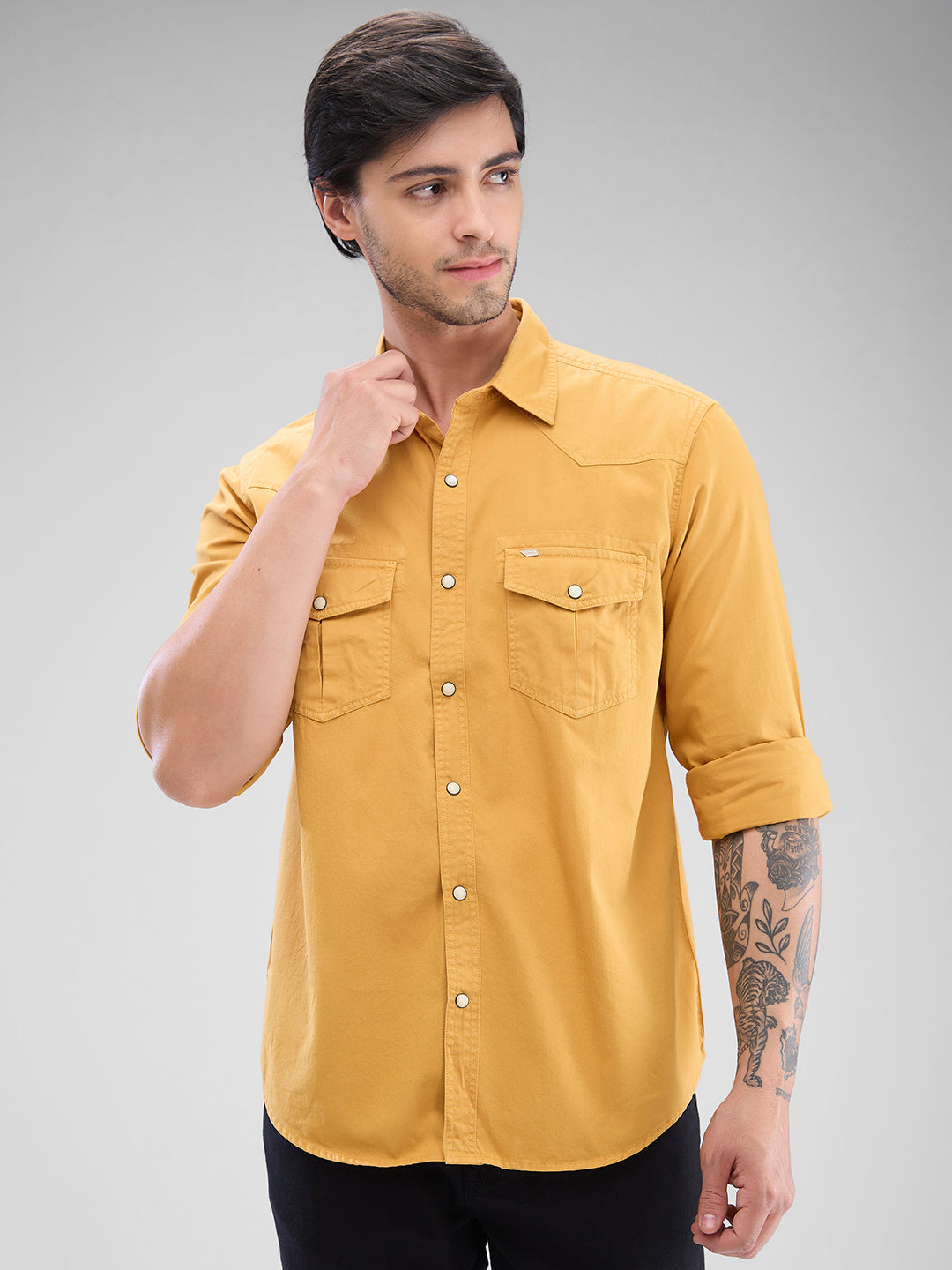 Spykar Sulphur Yellow Cotton Full Sleeve Raised Collar Shirt For Men