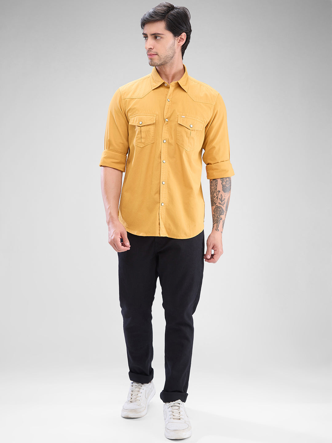 Spykar Sulphur Yellow Cotton Full Sleeve Raised Collar Shirt For Men