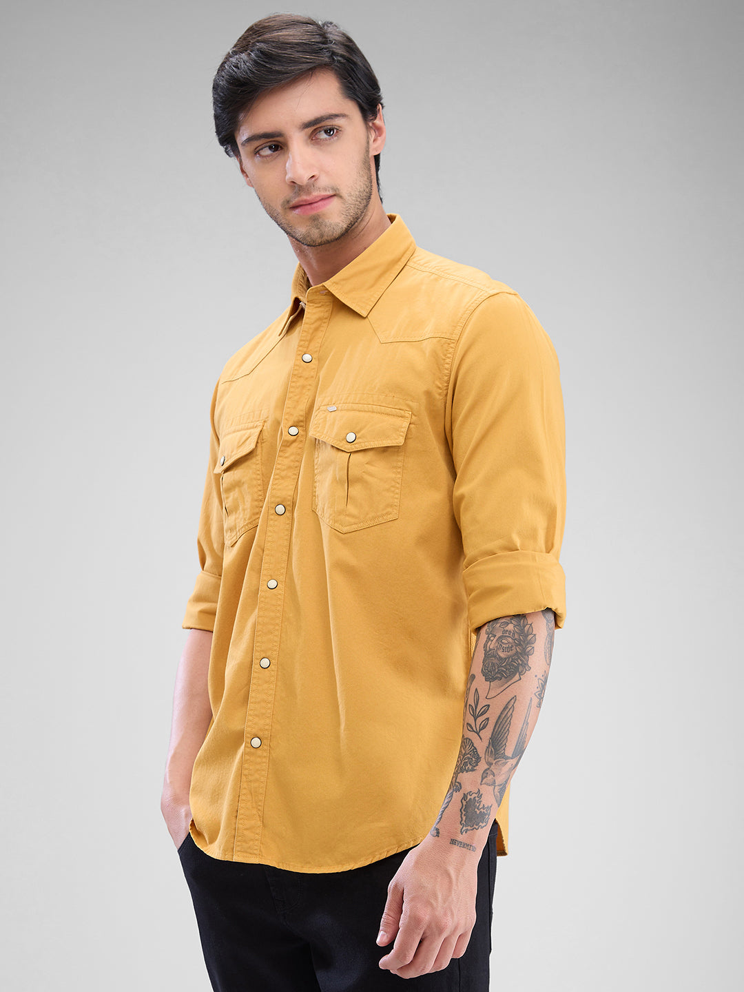 Spykar Sulphur Yellow Cotton Full Sleeve Raised Collar Shirt For Men